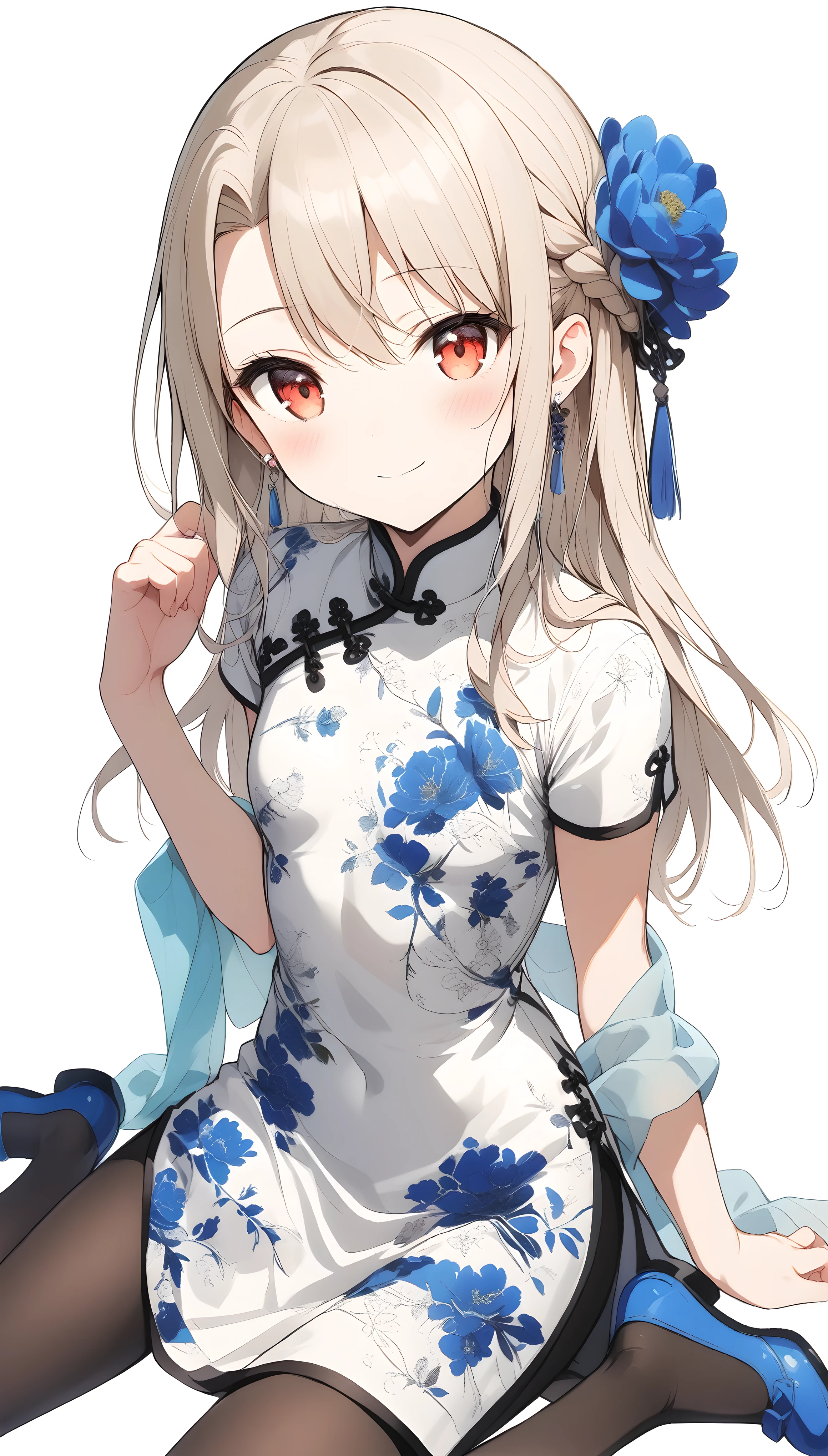 qipao,1girl,(illyasviel von einzbern),red_eyes,cream hair,(french braid),smile,blue flower,breasts,china dress,chinese clothes,dress,shawl,earrings,floral print,cloth shoes,wariza,long hair,looking at viewer,pantyhose,print dress,simple background,smile,solo,white background