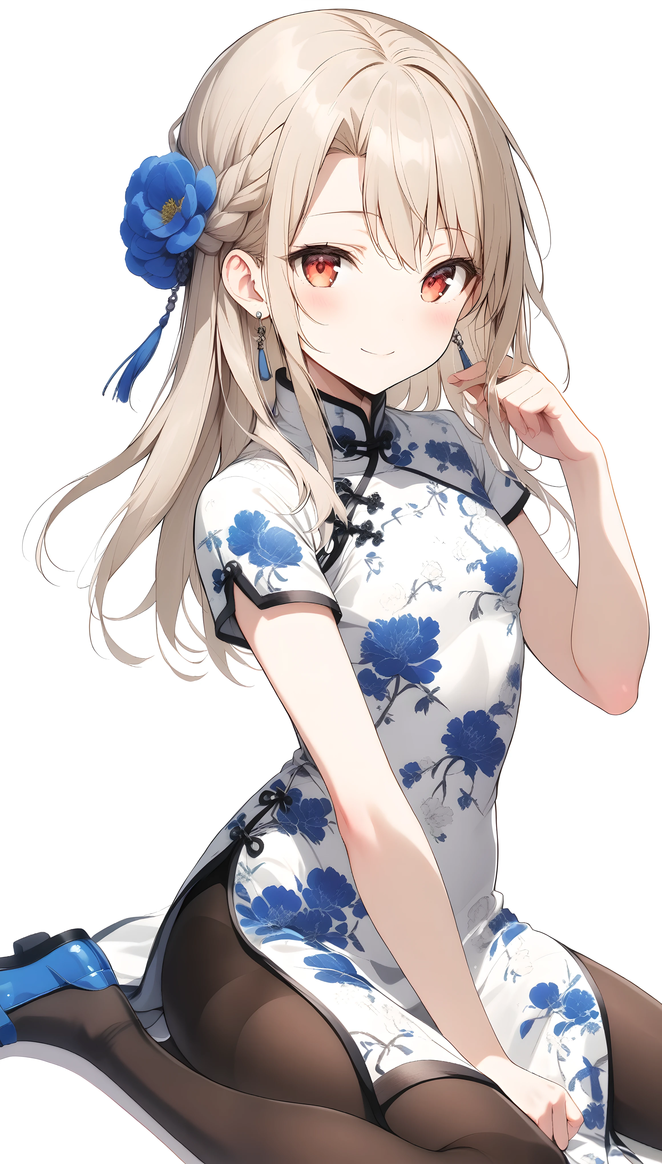 qipao,1girl,(illyasviel von einzbern),red_eyes,cream hair,(french braid),smile,blue flower,breasts,china dress,chinese clothes,dress,shawl,earrings,floral print,cloth shoes,wariza,long hair,looking at viewer,pantyhose,print dress,simple background,smile,solo,white background