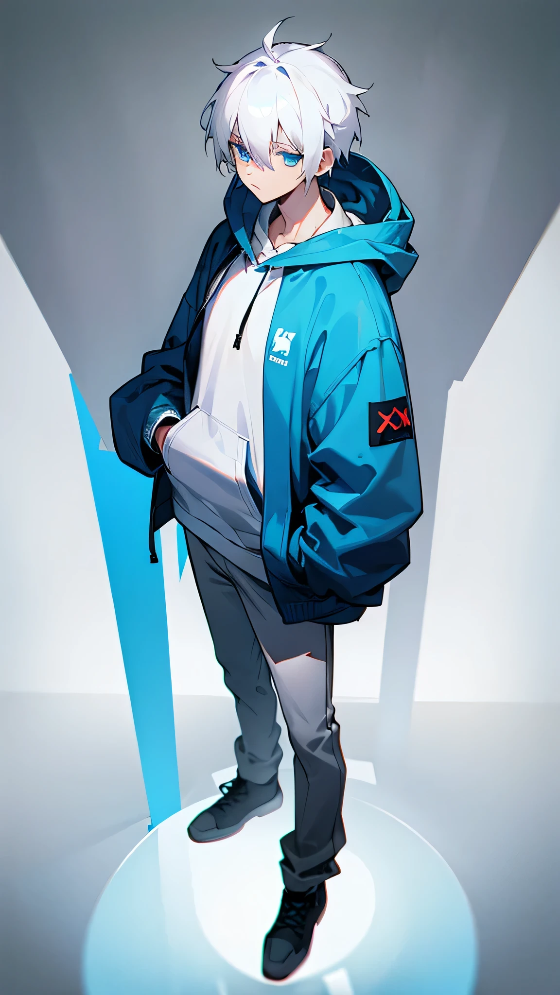 Anime boy in blue jacket standing on a white pedestal - SeaArt AI