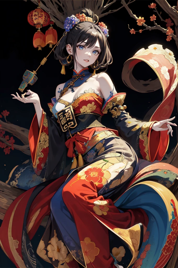 （masterpiece，quality，Best quality，official art，Beauty and Aesthetics：1.2），girl wearing clown makeup，Very detailed，（Fractal art：1.1），（a color：1.1）（blooming flowers：1.3），most detailed，（ tangled:1.2),  (abstract background:1.3), (Chinese traditional fabrics:1.2), (Skin glows), (Many colors:1.4), ,(ear nipple ring:1.4)，（Decorative paintings：1.6，）， light,Ink painting and ink painting，ink，