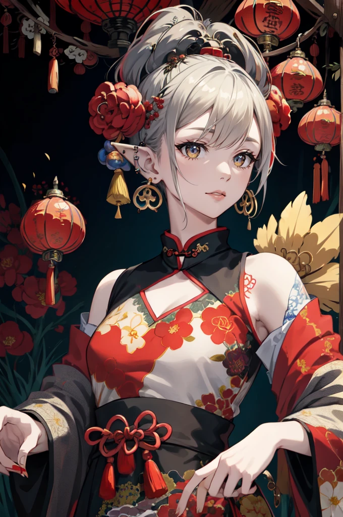 （masterpiece，quality，Best quality，official art，Beauty and Aesthetics：1.2），girl wearing clown makeup，Very detailed，（Fractal art：1.1），（a color：1.1）（blooming flowers：1.3），most detailed，（ tangled:1.2),  (abstract background:1.3), (Chinese traditional fabrics:1.2), (Skin glows), (Many colors:1.4), ,(ear nipple ring:1.4)，（Decorative paintings：1.6，）， light,Ink painting and ink painting，ink，