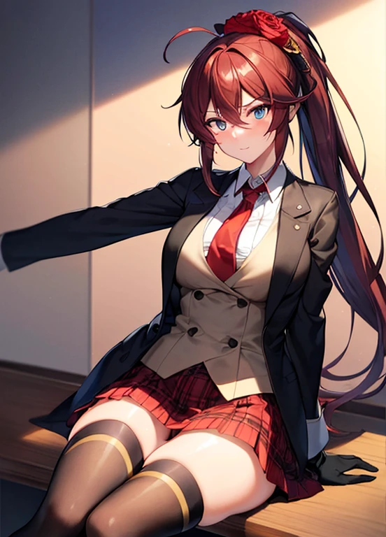 masterpiece, best quality, ultra-detailed, illustration, warm lighting, bright colors, 1girl,solo, long hair, very long hair, chifuyu, crossed arms, amused, sitting, office, office work,

action, ahoge, bangs, black_jacket, blue_eyes, breasts, brown_hair, brown_vest, buttons, closed_mouth, collared_shirt, double-breasted, dress_shirt, flower, gloves, hair_between_eyes, hair_flower, hair_ornament, hair_over_eyes, jacket, light_particles, long_sleeves, looking_at_viewer, necktie, plaid, plaid_skirt, pleated_skirt, ponytail, red_flower, red_necktie, red_rose, red_skirt, rose, shirt, skirt, thighhighs, vest, weapon, white_shirt, zettai_ryouiki