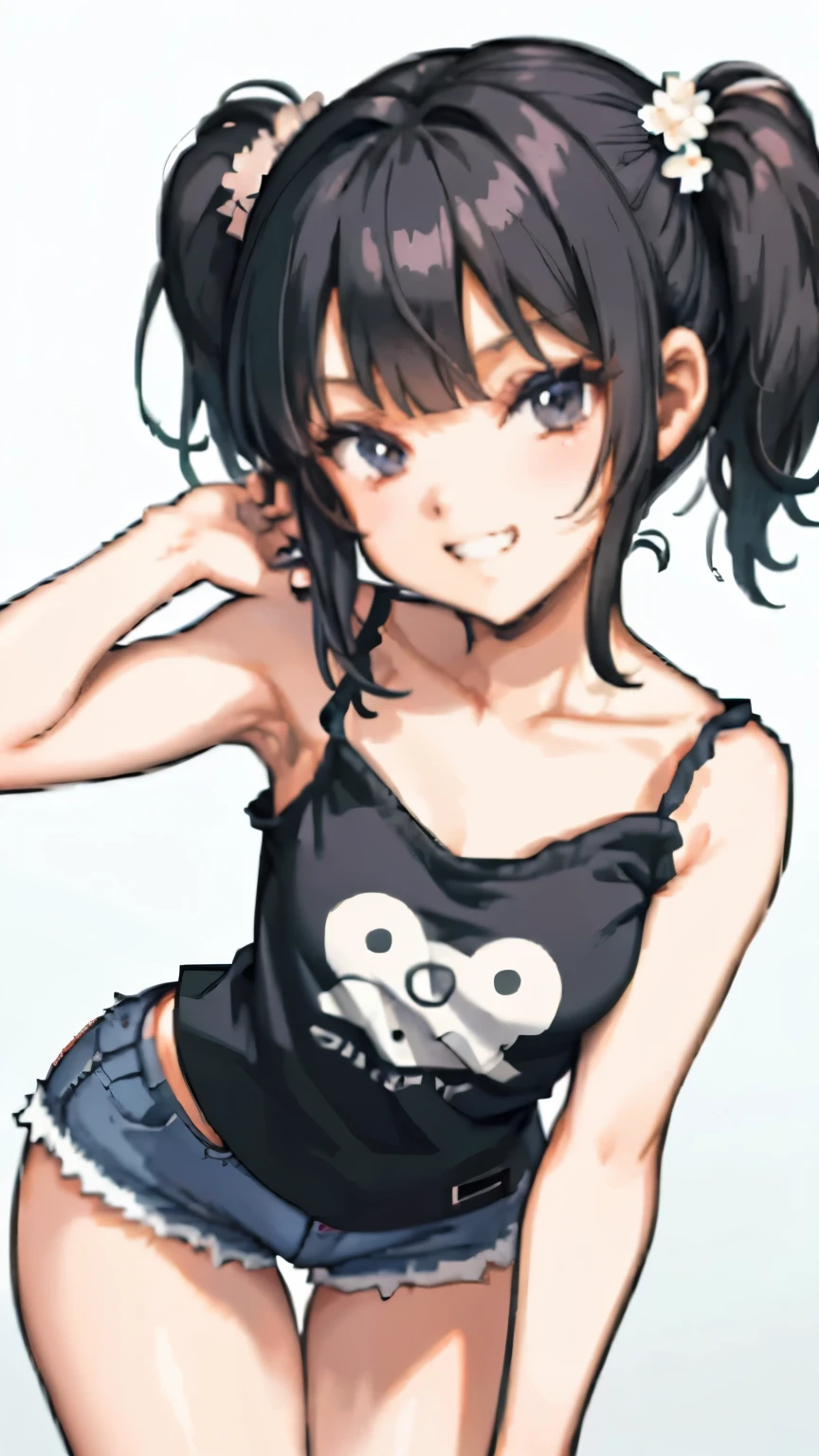 (8K、Highest image quality、highest quality、masterpiece)、detailed face、one 、black hair、short twintails、gray eyes、evil smile、((grin))、small breasts、((white camisole))、((tight denim short shorts))、((bent over:1.1))、((downblouse))、put your hand on your mouth、cowboy shot、stage background, small, big ass, thick thighs, covered by clothing,
