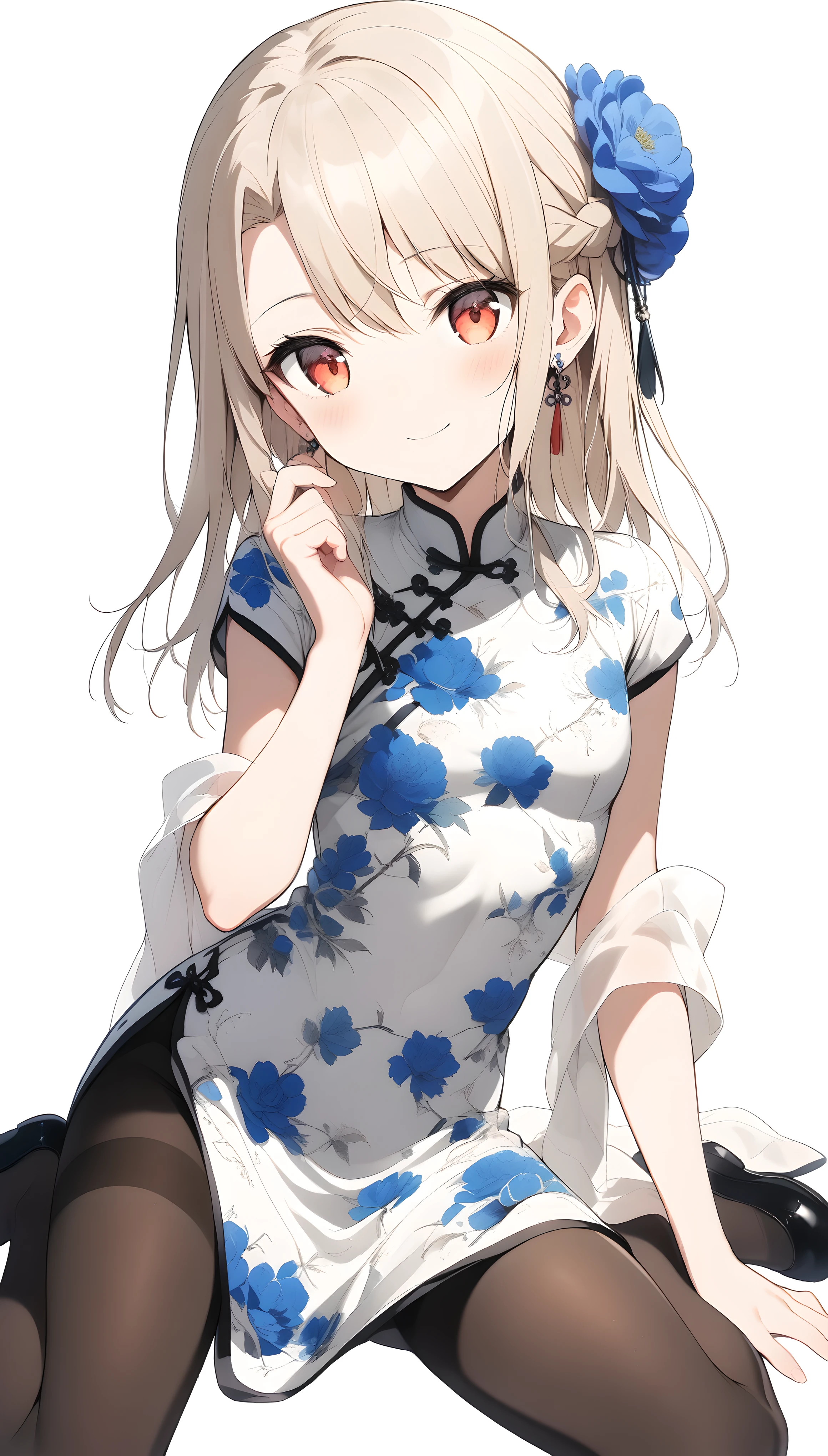 qipao,1girl,(illyasviel von einzbern),red_eyes,cream hair,(french braid),smile,blue flower,breasts,china dress,chinese clothes,dress,shawl,earrings,floral print,cloth shoes,wariza,long hair,looking at viewer,pantyhose,print dress,simple background,smile,solo,white background