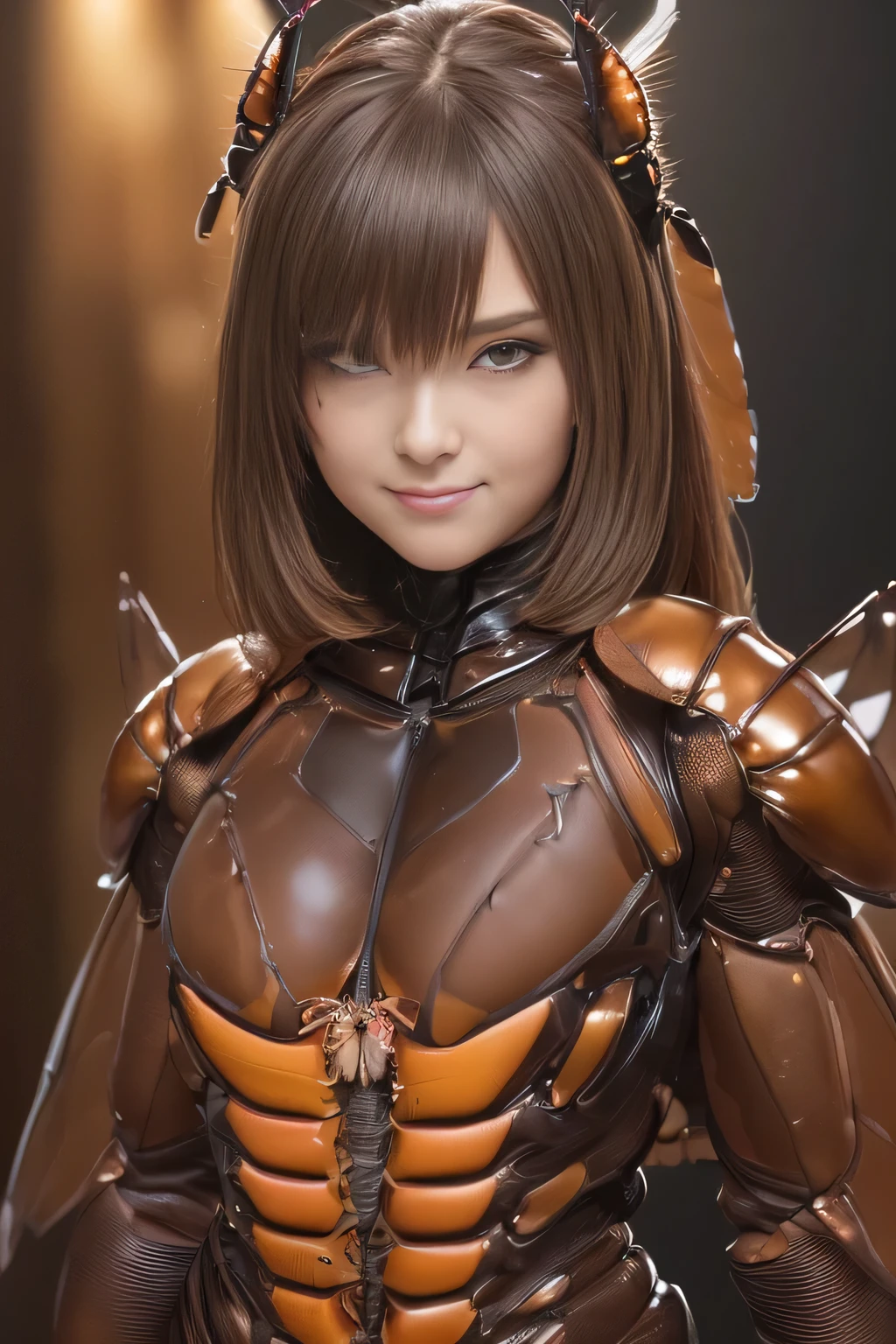 (high resolution,masterpiece,best quality,extremely detailed CG, anime, official art:1.4), realistic, photo, amazing fine details, all intricate, gloss and shiny,awesome many layers, 8k wall paper, 3d, sketch, kawaii, illustration,( solo:1.4), perfect female proportion,villainess, (fusion of dark brown cockroach and lady:1.4), (brown cockroach form lady:1.2), (brown cockroach lady:1.2), (fusion:1.2), (solo:1.4), (evil smile:1.2), muscular, abs, (cockroach brown exoskeleton bio insect suit:1.4), (cockroach brown exoskeleton bio insect armor:1.2), (brown transparency cockroach wing:1.4), (brown cockroach antennae:1.3),