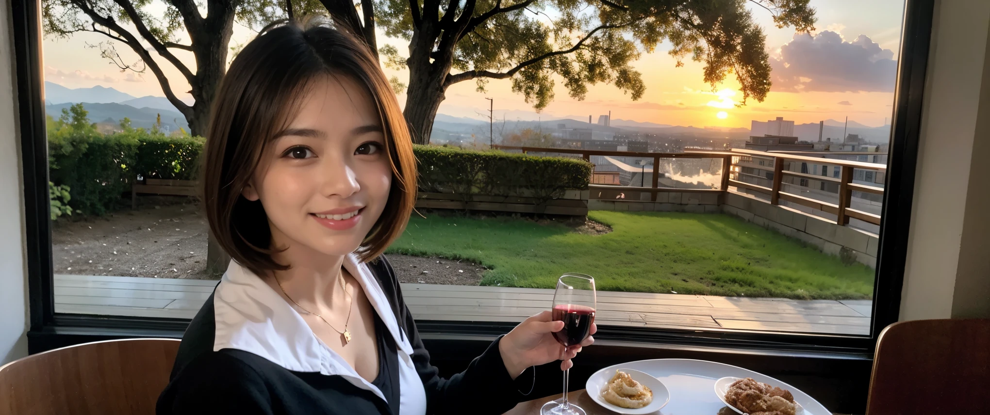 ((highest quality、8k、masterpiece:1.3))、Sharp focus:1.2、Beautiful woman perfect body:1.4、slimなボディ、((Bob Hale、Straight hair:1.2))、(to be born, highest quality, masterpiece:1.5), (Realistic, Intricate details:1.2), テーブルにwine glass、Put the light on your face、 Amazing view of the sunset sky and clouds、Amazing mountain views、ニコニコ明るいsmile、smileの素敵な女性、Bright image、2. The beauty of wine, Beautiful Face, blue eyes, The light shines on your face, Blushing, short hair,Bright Face、Fox face、 (43 years old), 39 years old, Lady、red wine 、Appetizers、Italian food、Wine bottle、Champagne、sparkling wine、Two beauties、Brown Hair、Shortcuts、Long sleeve shirt、dress、Pretty Woman 1, (slimな顔), (The body is slim), (Brown Hair), (Shortcuts), cheeks turn a little red,Attractive beauty、, Out of the window, A beautiful and detailed night view unfolds.........., restaurant, In a prominent place (From the waist up) Nova Frog Style, actress, model, Upper Body, White wine, slim, wine glass, 真ん中に置かれたwine glass, smile, (smile: 1.15), Beautiful fine grain, Depth f/2,saturation, High Contrast, Strong light and shadow,Moist Body:1.5、3D texture、Delicate eyes、Brown Hair、The hair is very shiny、