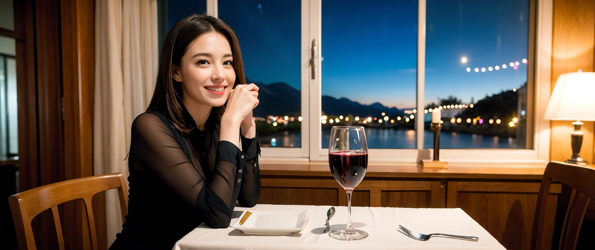 ((highest quality、8k、masterpiece:1.3))、Sharp focus:1.2、Beautiful woman perfect body:1.4、slimなボディ、((Bob Hale、Straight hair:1.2))、(to be born, highest quality, masterpiece:1.5), (Realistic, Intricate details:1.2), テーブルにwine glass、Put the light on your face、 Amazing view of the sunset sky and clouds、Amazing mountain views、ニコニコ明るいsmile、smileの素敵な女性、Bright image、2. The beauty of wine, Beautiful Face, blue eyes, The light shines on your face, Blushing, short hair,Bright Face、Fox face、 (43 years old), 39 years old, Lady、red wine 、Appetizers、Italian food、Wine bottle、Champagne、sparkling wine、Two beauties、Brown Hair、Shortcuts、Long sleeve shirt、dress、Pretty Woman 1, (slimな顔), (The body is slim), (Brown Hair), (Shortcuts), cheeks turn a little red,Attractive beauty、, Out of the window, A beautiful and detailed night view unfolds.........., restaurant, In a prominent place (From the waist up) Nova Frog Style, actress, model, Upper Body, White wine, slim, wine glass, 真ん中に置かれたwine glass, smile, (smile: 1.15), Beautiful fine grain, Depth f/2,saturation, High Contrast, Strong light and shadow,Moist Body:1.5、3D texture、Delicate eyes、Brown Hair、The hair is very shiny、