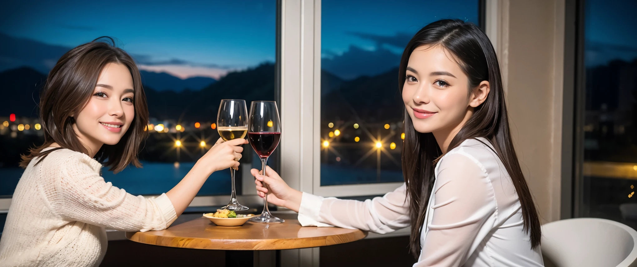 ((highest quality、8k、masterpiece:1.3))、Sharp focus:1.2、Beautiful woman perfect body:1.4、slimなボディ、((Bob Hale、Straight hair:1.2))、(to be born, highest quality, masterpiece:1.5), (Realistic, Intricate details:1.2), テーブルにwine glass、Put the light on your face、 Amazing view of the sunset sky and clouds、Amazing mountain views、ニコニコ明るいsmile、smileの素敵な女性、Bright image、2. The beauty of wine, Beautiful Face, blue eyes, The light shines on your face, Blushing, short hair,Bright Face、Fox face、 (43 years old), 39 years old, Lady、red wine 、Appetizers、Italian food、Wine bottle、Champagne、sparkling wine、Two beauties、Brown Hair、Shortcuts、Long sleeve shirt、dress、Pretty Woman 1, (slimな顔), (The body is slim), (Brown Hair), (Shortcuts), cheeks turn a little red,Attractive beauty、, Out of the window, A beautiful and detailed night view unfolds.........., restaurant, In a prominent place (From the waist up) Nova Frog Style, actress, model, Upper Body, White wine, slim, wine glass, 真ん中に置かれたwine glass, smile, (smile: 1.15), Beautiful fine grain, Depth f/2,saturation, High Contrast, Strong light and shadow,Moist Body:1.5、3D texture、Delicate eyes、Brown Hair、The hair is very shiny、