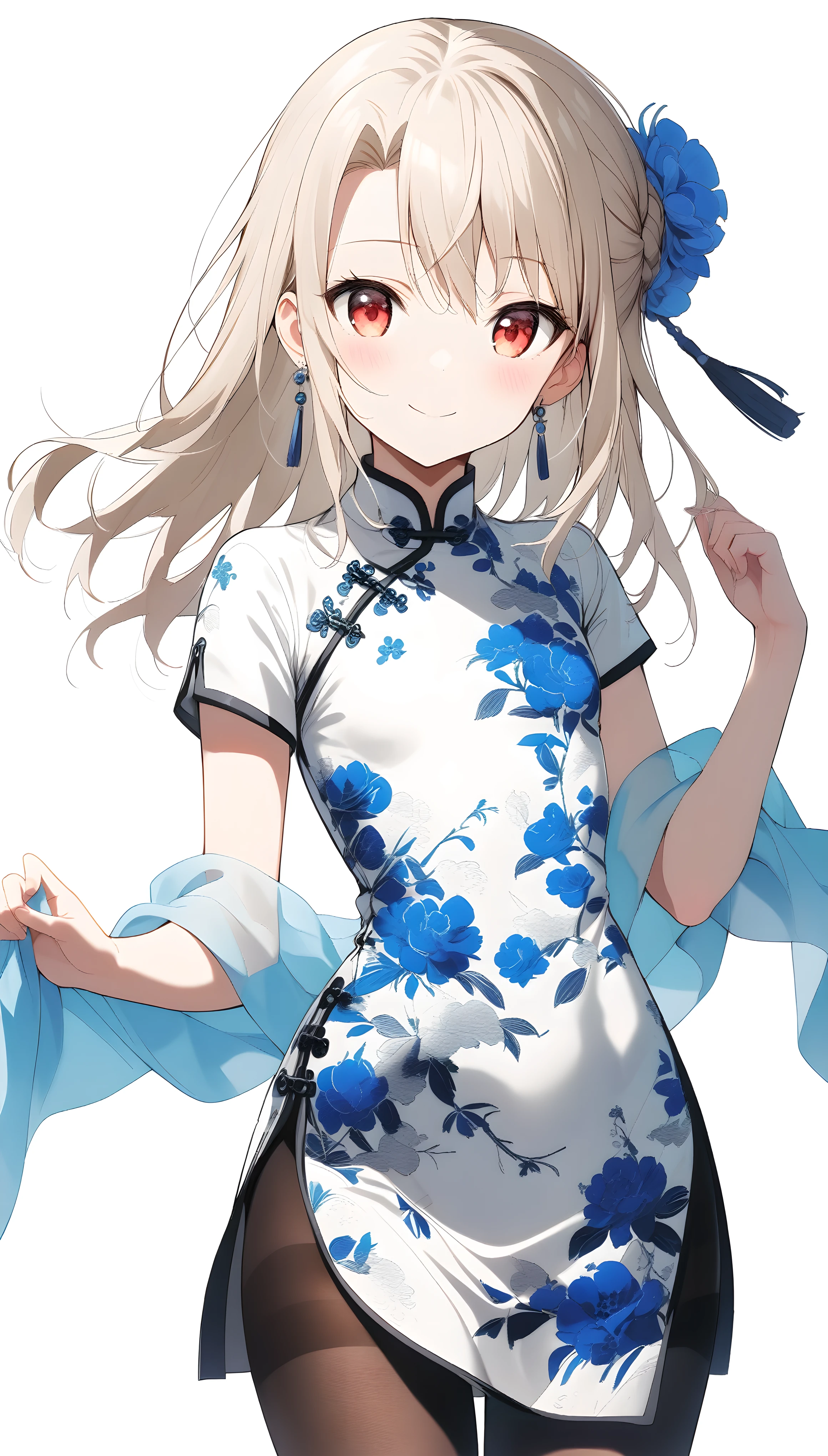 qipao,1girl,(illyasviel von einzbern),red_eyes,cream hair,(french braid),smile,blue flower,breasts,china dress,chinese clothes,dress,shawl,earrings,floral print,cloth shoes,standing,long hair,looking at viewer,pantyhose,print dress,simple background,smile,solo,white background