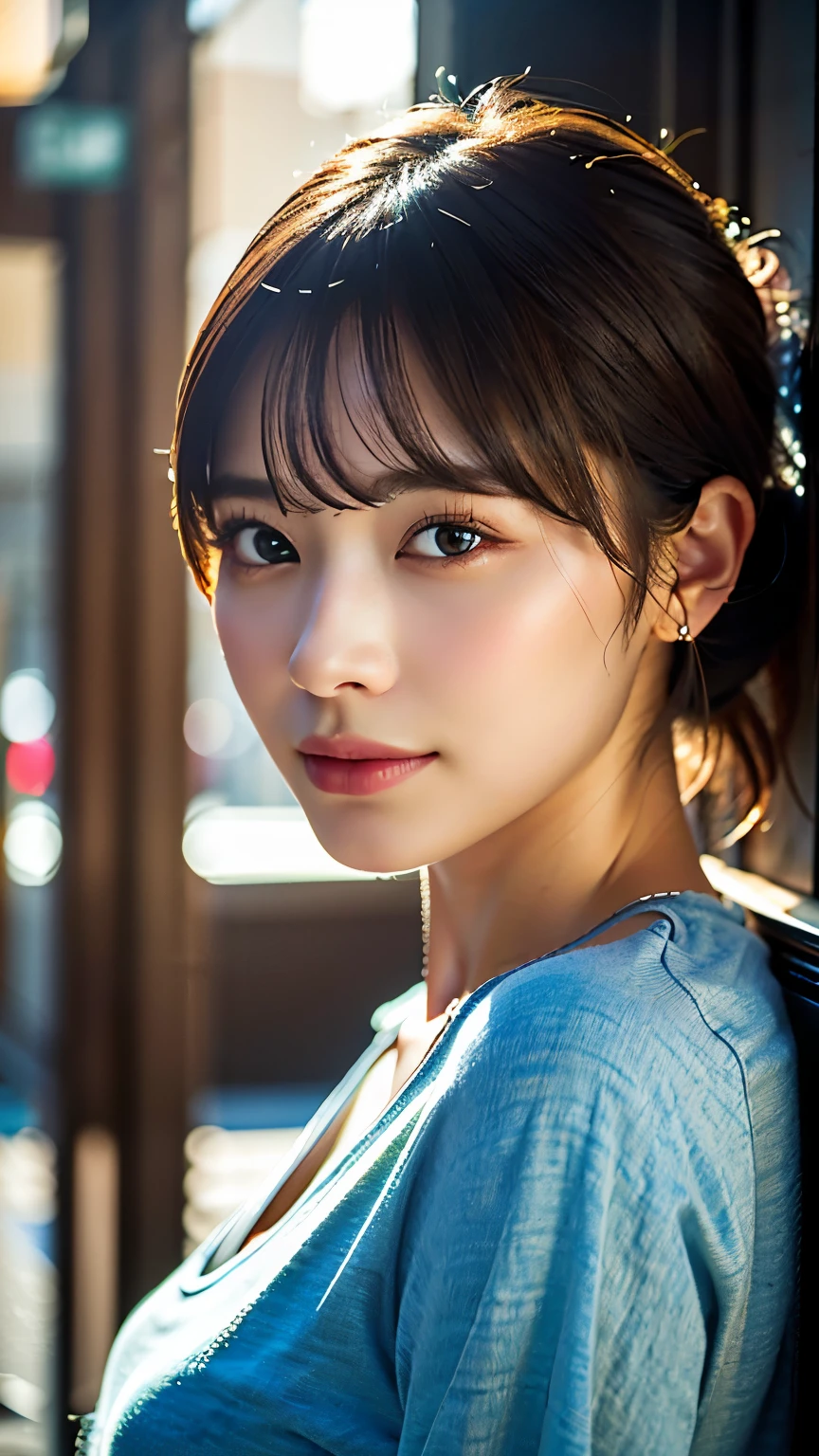 ((highest quality、masterpiece、8K、Realistic、Ultra-high resolution、Very delicate and beautiful、HDR、Cinematic Lighting))、Mid-shot、portrait、Perfect female body、Beautiful woman、Mature Woman、Contrapposto、Put your head in your hands、Gazing at the viewer、Cheerful、(Casual Fashion)