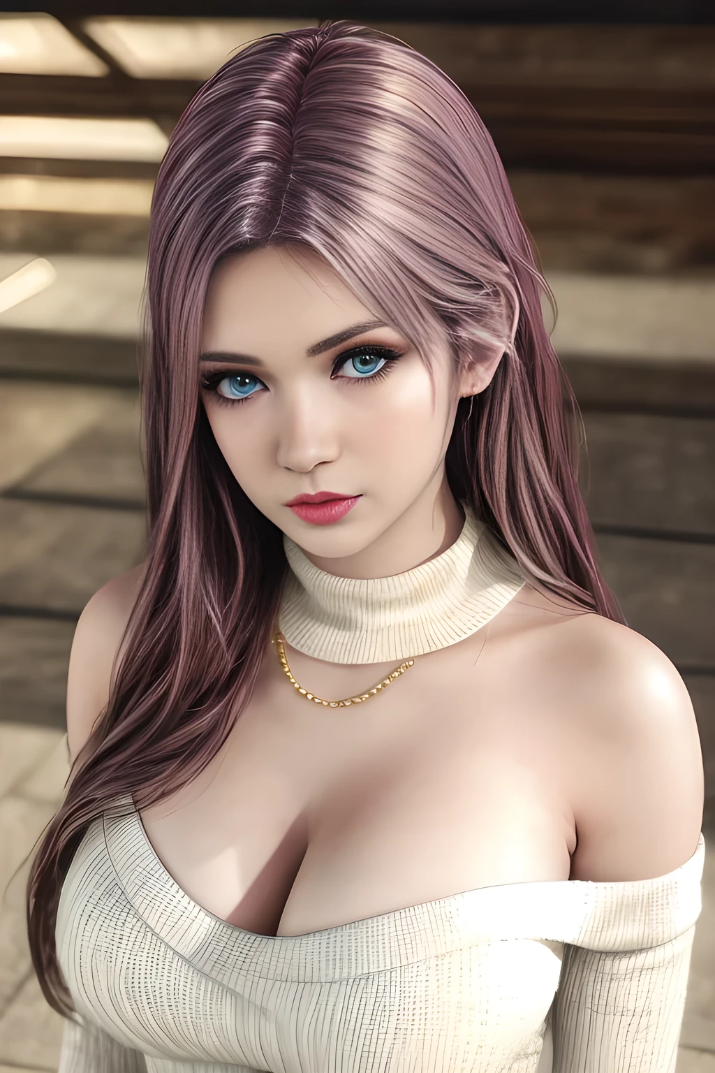 1girl, white knit dress, appealing cleavage, overhead view, beautiful detailed eyes, beautiful detailed lips, extremely detailed eyes and face, long eyelashes, elegant hair, feminine charm, detailed texture, snug fit, fashionable, soft fabric, radiant skin, (best quality,4k,8k,highres,masterpiece:1.2), ultra-detailed, (realistic,photorealistic,photo-realistic:1.37), elise,