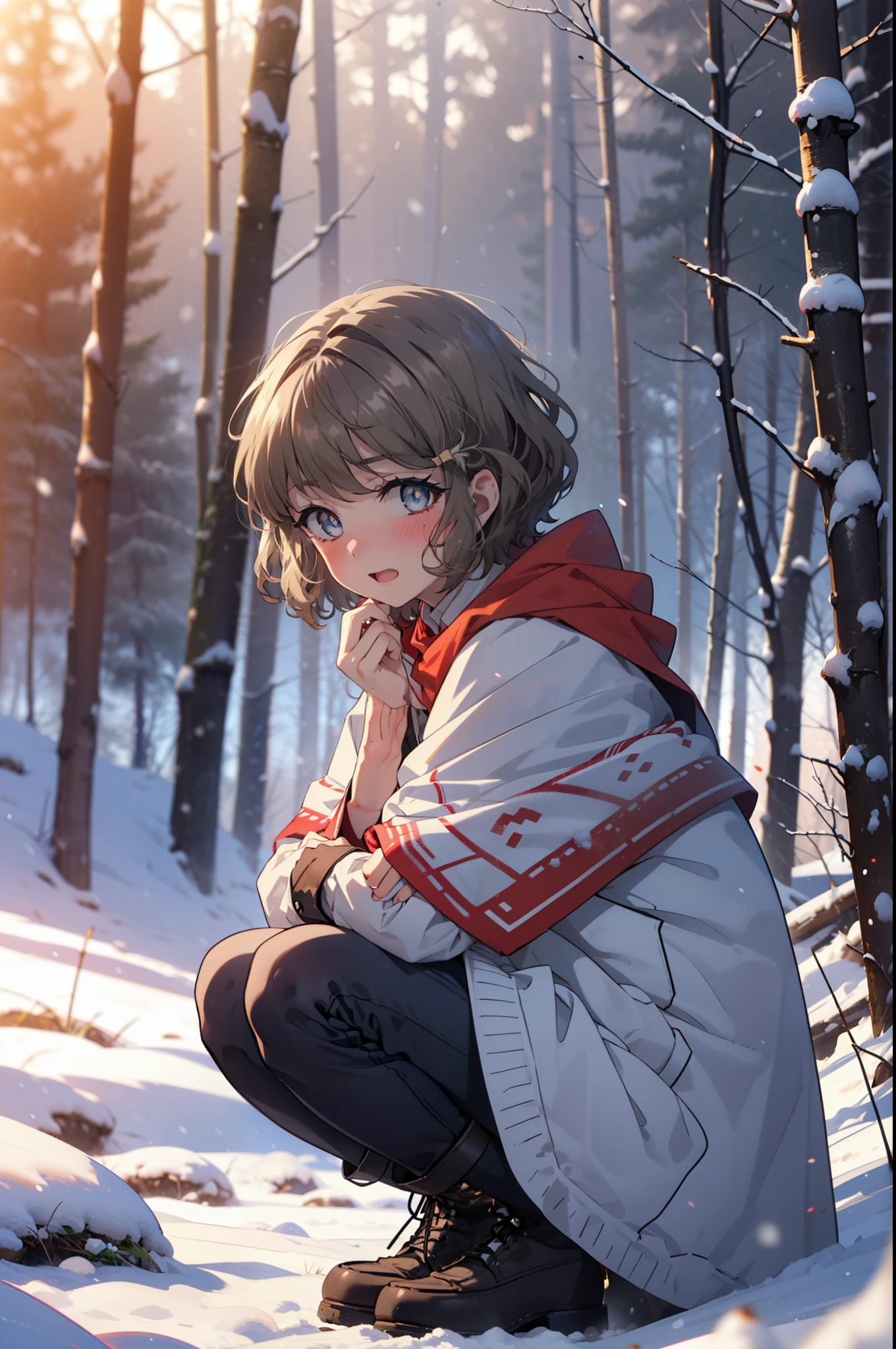 tomoekoga, Chie Koga, short hair, Brown Hair, blue eyes, hair band,smile,blush,White Breath,Medium Chest,
Open your mouth,snow,Ground bonfire, Outdoor, boots, snowing, From the side, wood, suitcase, Cape, Blurred, having meal, forest, White handbag, nature, Squat, Mouth closed, Cape, winter, Written boundary depth, Black shoes, red Cape break looking at viewer, Upper Body, whole body, break Outdoor, forest, nature, break (masterpiece:1.2), highest quality, High resolution, unity 8k wallpaper, (shape:0.8), (Beautiful and beautiful eyes:1.6), Highly detailed face, Perfect lighting, Highly detailed CG, (Perfect hands, Perfect Anatomy),