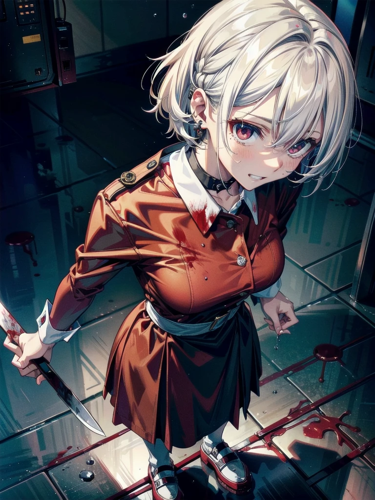 ((Blood droplets)), ((blood)), ((blood splatter)), ((blood on clothes)), ((blood stain)), hospital, nurse uniform, (have a knife), cadaver, desolation, anxiety, absurdres, RAW photo, extremely delicate and beautiful, masterpiece, Best Quality, ultra high resolution, 32k, hyperrealistic, ultra-detailed, detailed description, pale skin, 20 years old, tearful mole, earring, Colossal tits, short medium hair, wavy hair, evil grin, full body shot,