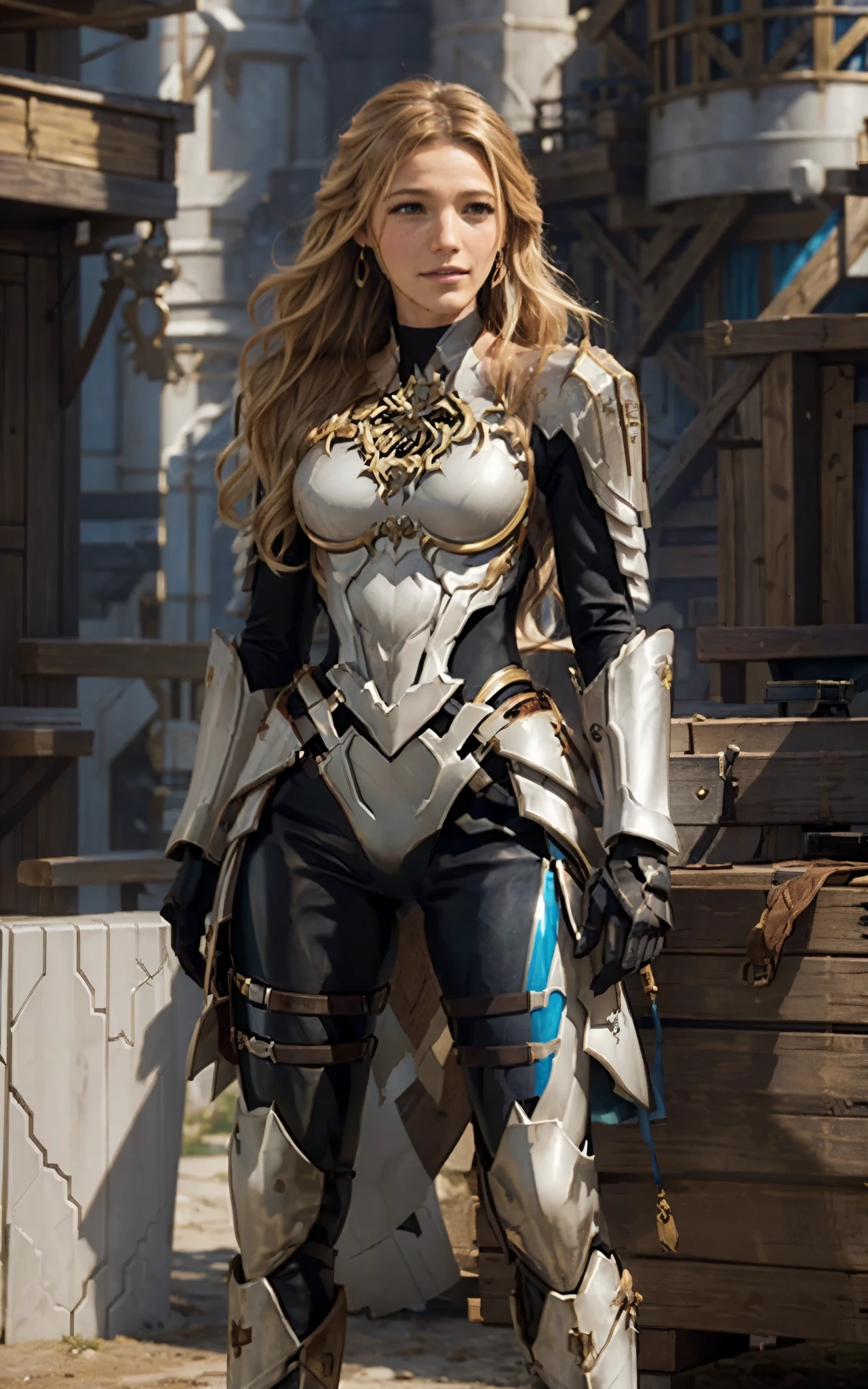 (The face of Blake Lively:Elsa Pataky) masterpiece, best quality, (colorful), kisara, 1girl, solo, long hair, looking at viewer, smile, gloves, jewelry, closed mouth, standing, full body, earrings, boots, black gloves, armor, arms_up, arms behind head bodysuit, shoulder armor, breastplate, armored boots, greaves, boobplate, white armor, outdoors, sunlight