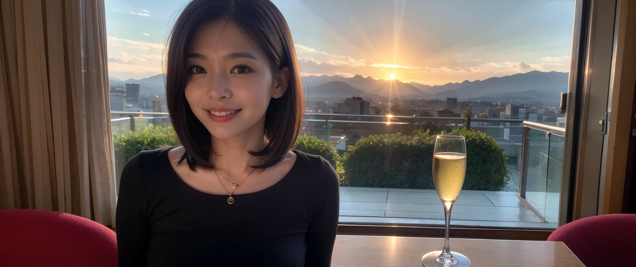 ((highest quality、8k、masterpiece:1.3))、Sharp focus:1.2、Beautiful woman perfect body:1.4、slimなボディ、((Bob Hale、Straight hair:1.2))、(to be born, highest quality, masterpiece:1.5), (Realistic, Intricate details:1.2), Ultra-high resolution, Shine light on your face、Amazing view of the sunset sky and clouds、Amazing mountain views、ニコニコ明るいsmile、smileの素敵な女性、Bright image、2. The beauty of wine, Beautiful Face, blue eyes, The light shines on your face, Blushing, short hair,Bright Face、Fox face、 (36 years old), 39 years old, Lady、red wine 、Appetizers、Italian food、Wine bottle、Champagne、sparkling wine、Two beauties、Brown Hair、Shortcuts、Long sleeve shirt、dress、Pretty Woman 1, (slimな顔), (The body is slim), (Brown Hair), (Shortcuts), cheeks turn a little red,Attractive beauty、, Out of the window, A beautiful and detailed night view unfolds.........., restaurant, In a prominent place (From the waist up) Nova Frog Style, actress, model, Upper Body, White wine, slim, wine glass, 真ん中に置かれたwine glass, smile, (smile: 1.15), Beautiful fine grain, Depth f/2,saturation, High Contrast, Strong light and shadow,Moist Body:1.5、3D texture、Delicate eyes、Brown Hair、The hair is very shiny、