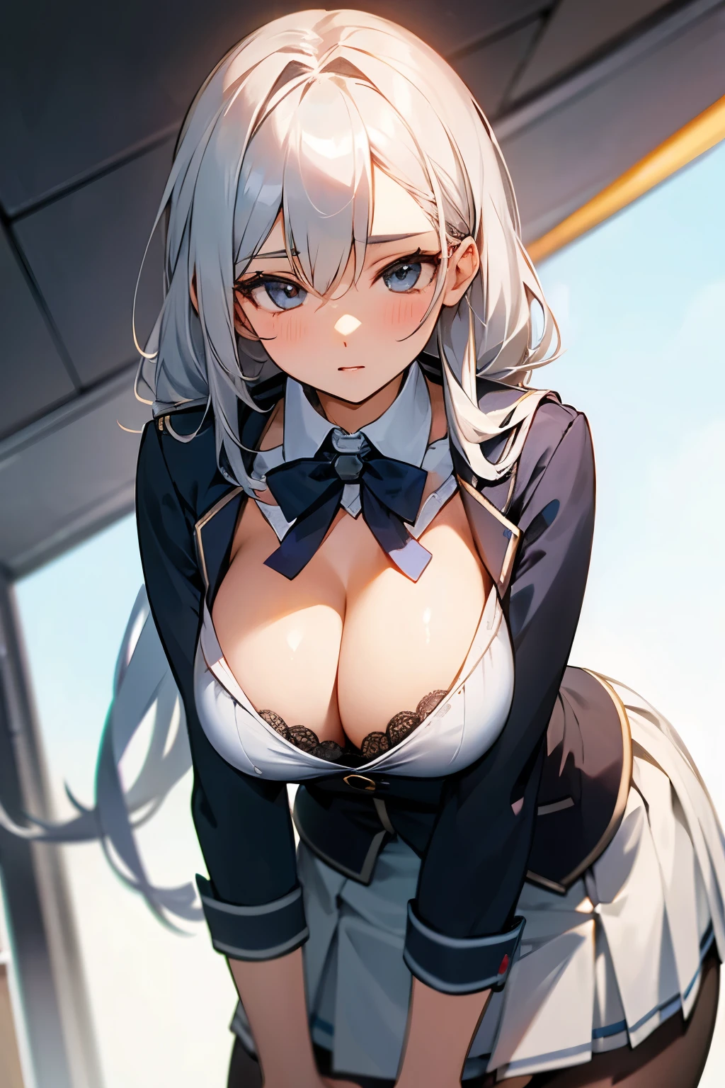 Silver-haired busty high school girl, breasts, breeze, skirt, cleavage