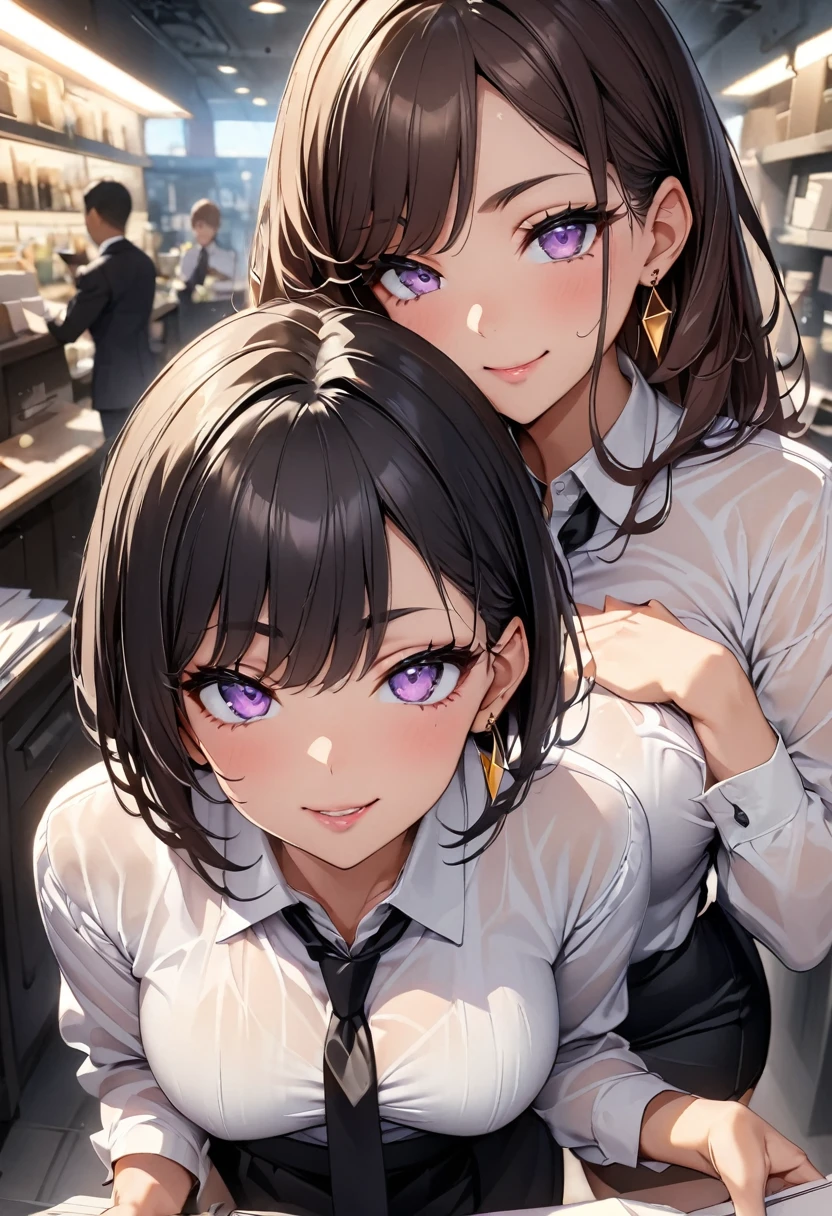 masterpiece、highest quality、Ultra-high resolution、Maximum resolution、Very detailed、Professional Lighting、anime、woman、thin、so beautiful、Brown Hair、Waist-length hair、Purple Eyes、Beautiful Eyes、Delicate eyes、Droopy eyes、Green Eyes、Black Hair、Short Bob Hair、Pink Lips、Gloss Lip、Gold triangular earrings、OL、green business shirt、Unbutton your shirt、Black tie、Black business suit、Black pencil skirt、Black Stockings、``Evil smile、Sexy pose、Black high heels、Holding documents in hand、Overall view