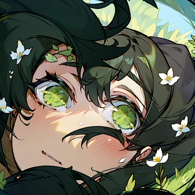 Girl,green eyes,black hair,laying on the grass,fliwers around