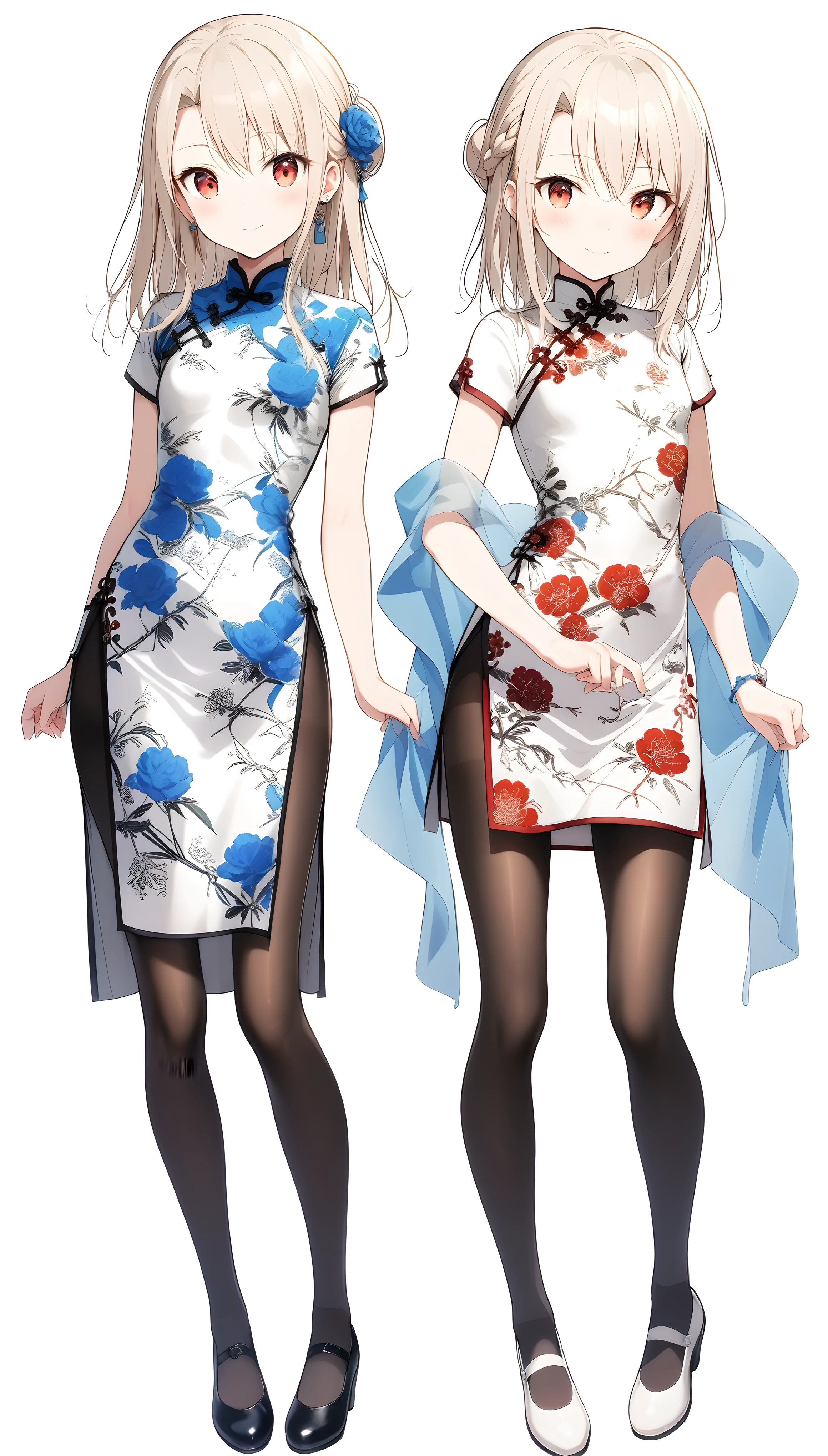 qipao,1girl,(illyasviel von einzbern),red_eyes,cream hair,(french braid),smile,blue flower,breasts,china dress,chinese clothes,dress,shawl,earrings,floral print,cloth shoes,standing,long hair,looking at viewer,pantyhose,print dress,simple background,smile,solo,white background