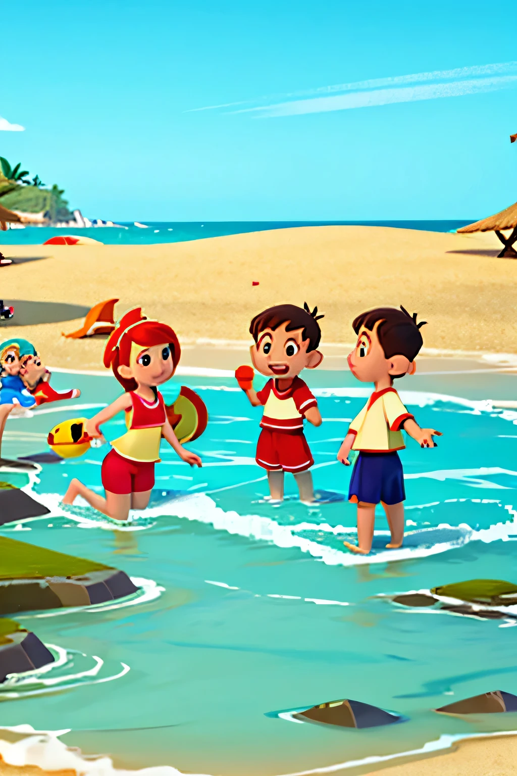 best quality, masterpiece：Five little kids in swim shorts，seaside，Cheerful，Summer