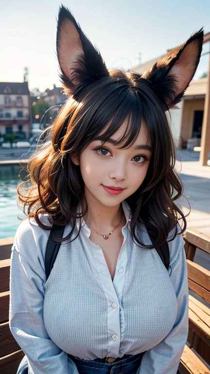 – A girl named Shinestar, first-person view, Sunburst Flare, f/2.8, 50mm, Fujifilm, Curly Hair, UHD, Retina, masterpiece, accurate, plump, animal ears, tail, anatomically correct, textured skin, American with bright gray eyes, smiling with a bright, cheerful demeanor, fully showing their entire body, ultra-detailed, high-detail, high-quality, best quality, high resolution, 1080P, HD, 4K, casual attire.