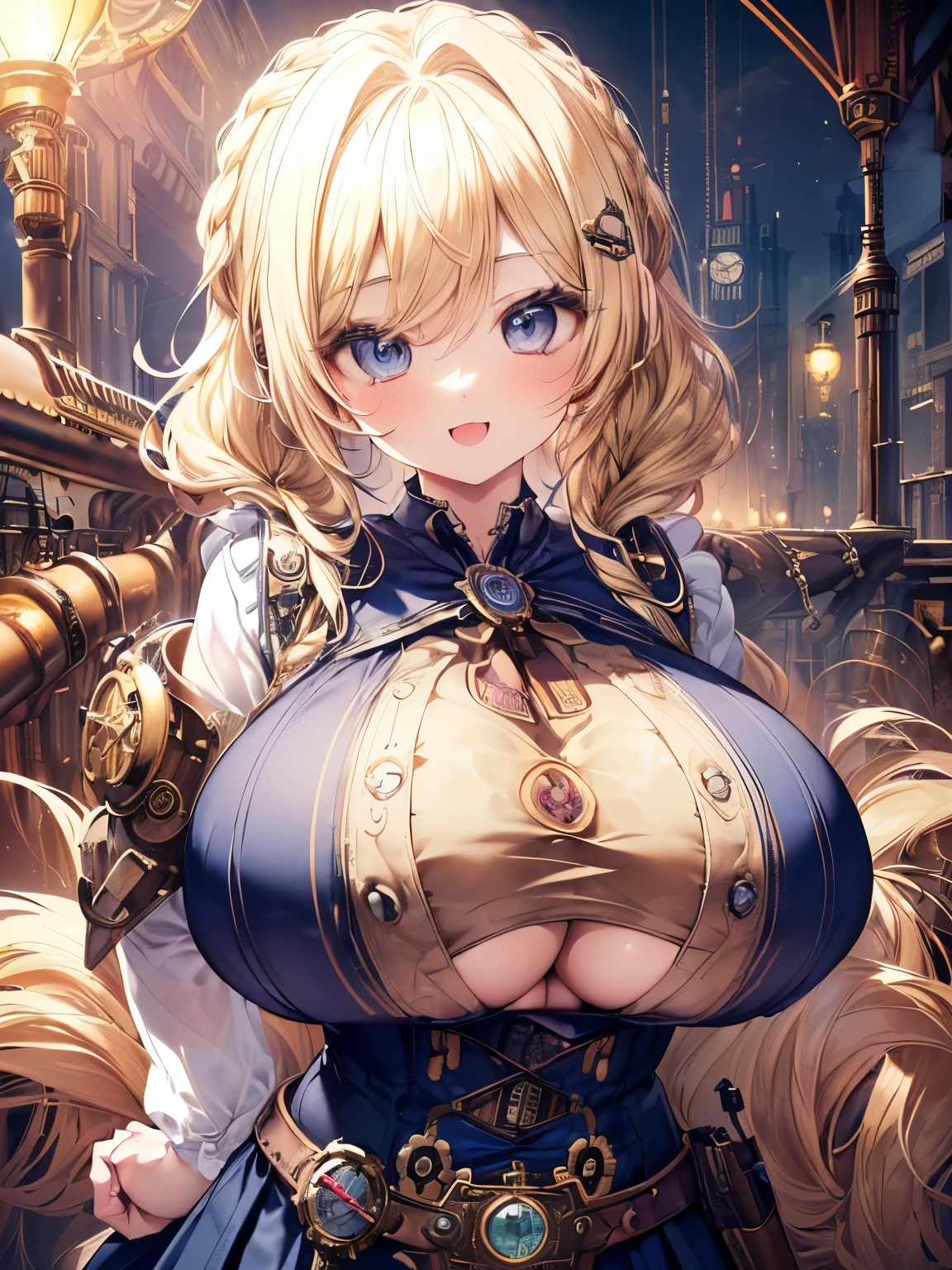 Masterpiece,Best Quality,(Super Detail),Perfect Lighting, Highly detailed CG,Super detailed,(Highly detailed eyes,Very cute face,Highly detailed face:1.3),Beautiful Anime Girl,(Solo Girl),(Super huge boobs:1.9),(Sensual,Glamorous:1.7),(Blonde,Shoulder-length medium hair,Twin braids,Let your hair hang forward:1.5),(Big light blue eyes),(Very happy smile,Open your mouth wide:1.3),break,(steampunk costume,White blouse,Navy tiered skirt:1.5),Steampunk Background,Steampunk City,Huge clock tower,Are standing,(Put one hand on your hip,Dynamic Pose),Cowboy Shot
