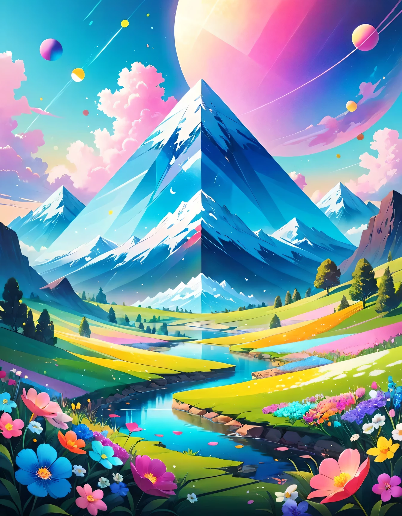 Design a visually captivating digital artwork featuring an otherworldly landscape where vibrant geometric shapes represent flowers floating amidst soft pastel hues, the flowers are depicted as intricate geometric patterns, they blend seamlessly with the ethereal background, a mesmerizing and surreal scene that evokes a sense of wonder and tranquility, masterpiece in maximum 16K resolution, superb quality. | ((More_Detail))