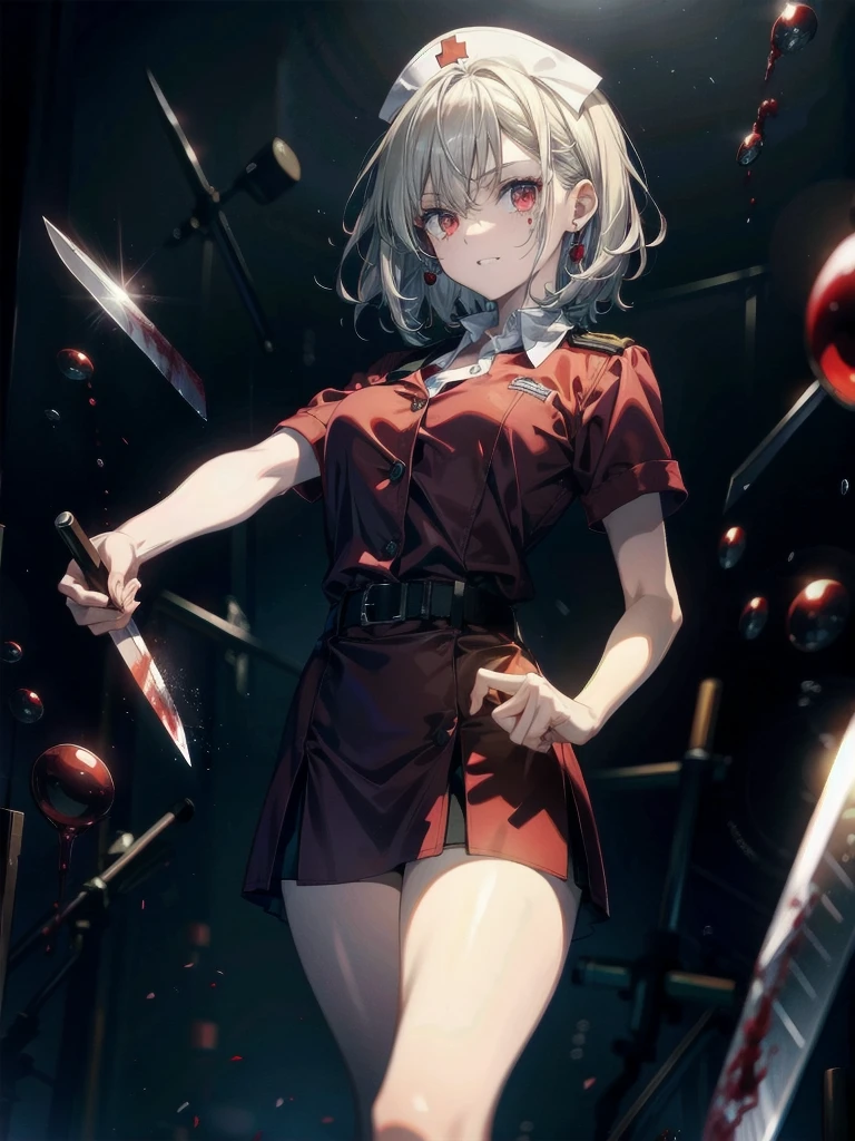 ((Blood droplets)), ((blood)), ((blood splatter)), ((blood on clothes)), ((blood stain)), hospital, nurse uniform, (have a knife), zombie nurse, absurdres, RAW photo, extremely delicate and beautiful, masterpiece, Best Quality, ultra high resolution, 32k, hyperrealistic, ultra-detailed, detailed description, pale skin, 20 years old, tearful mole, earring, Colossal tits, short medium hair, wavy hair, evil grin, full body shot,
