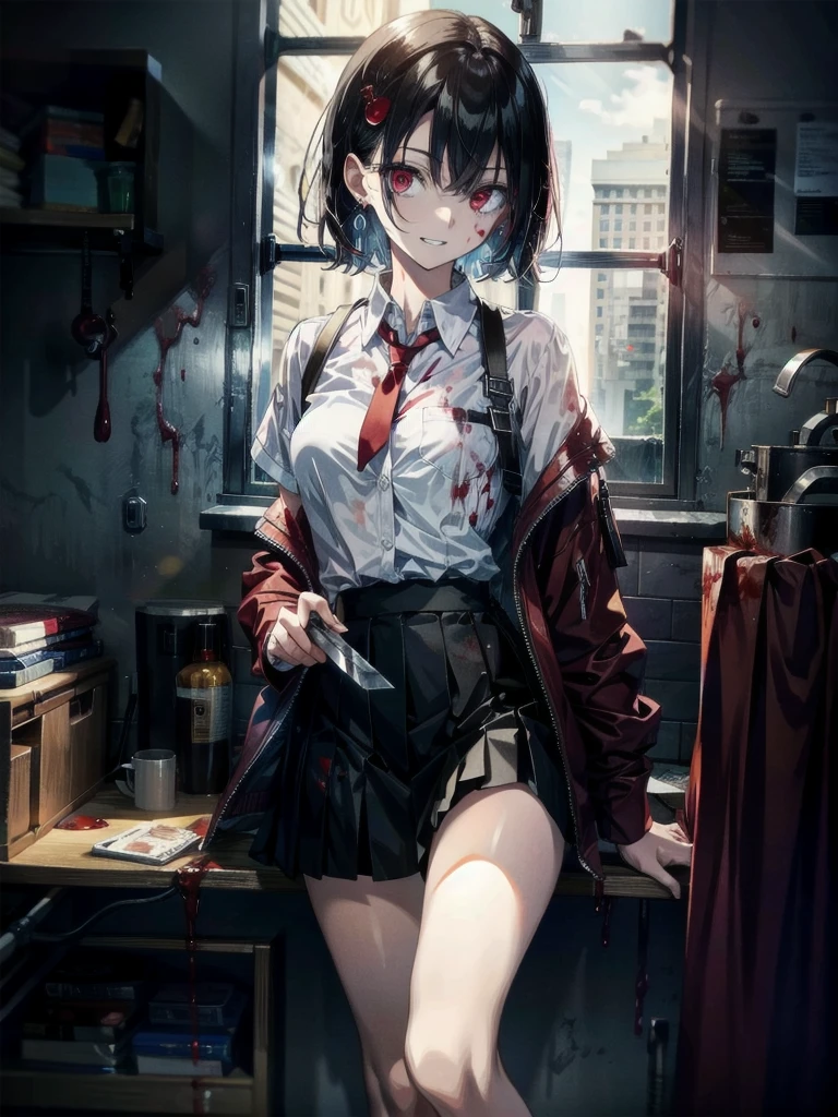 ((Blood droplets)), ((blood)), ((blood splatter)), ((blood on clothes)), ((blood stain)), hospital, nurse uniform, (have a knife), zombie nurse, absurdres, RAW photo, extremely delicate and beautiful, masterpiece, Best Quality, ultra high resolution, 32k, hyperrealistic, ultra-detailed, detailed description, pale skin, 20 years old, tearful mole, earring, Colossal tits, short medium hair, wavy hair, evil grin, full body shot,