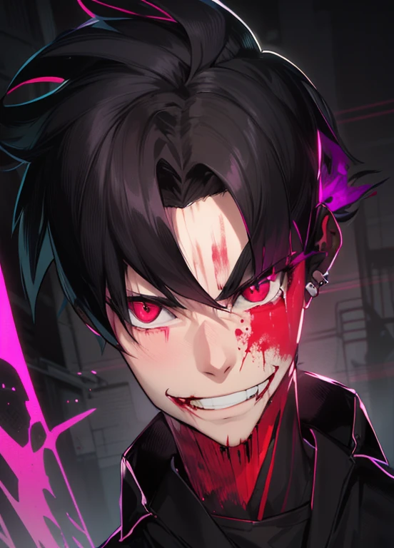 A boy, black hair, blood red eyes, evil smile, ear piercing, evil purple and pink aura