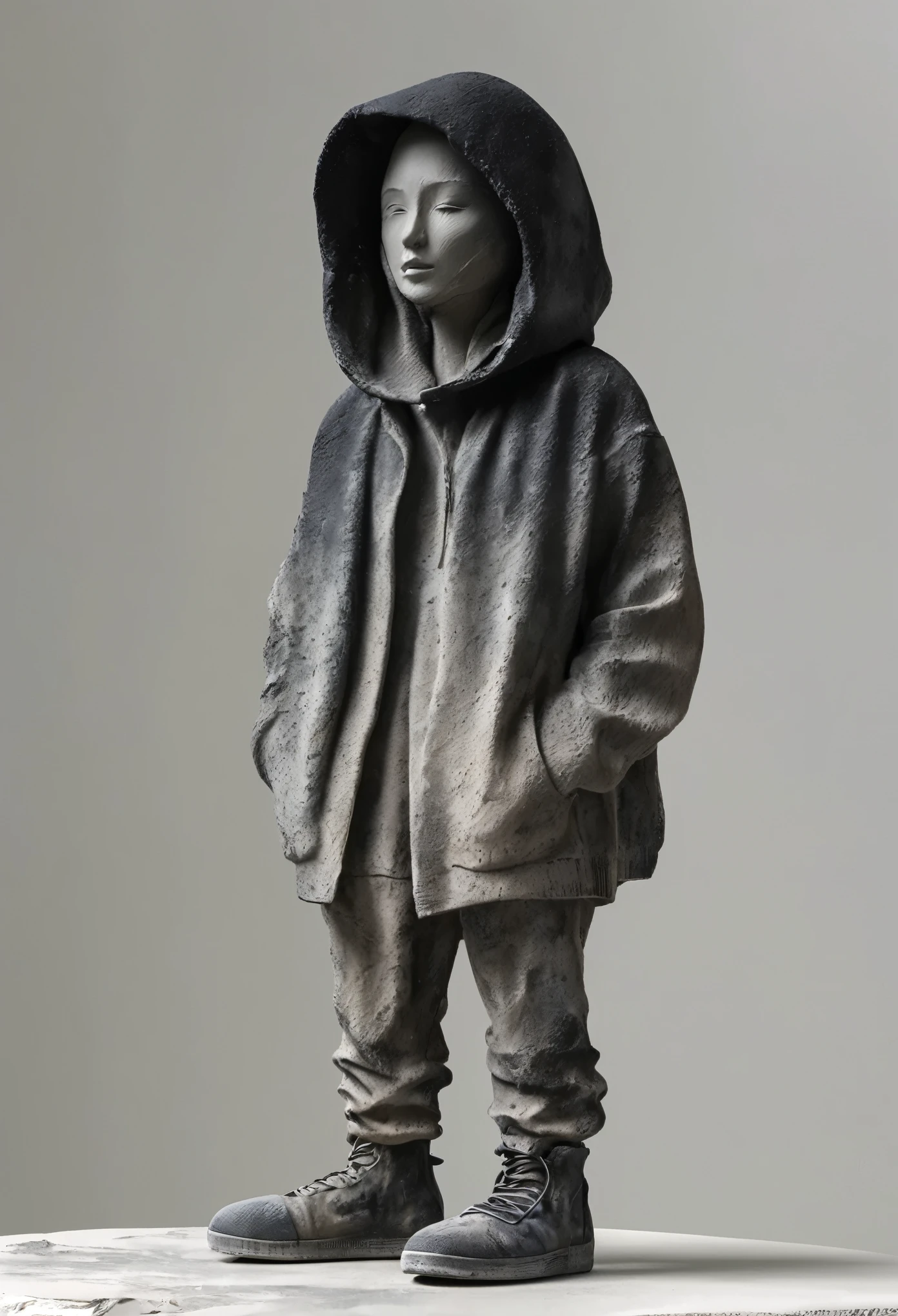 (best quality:1.2),ultra-light clay, clay, pottery, rough knitted texture, distressed, dirty, mineral pigments, 3D clay sculpture art, clay sculpture, rough surface, (black footwear,gradient,gradient background,grey background,hood up,solo,standing)