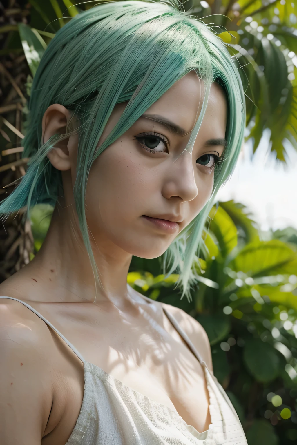 Best Quality, 4K, 8K, hight resolution, masutepiece,Ultra-detailed, Realistic, photoRealistic, photo-Realistic, Cinematic lighting, Beautiful detailed glow,Light leak, amazing, Intricate details, Green hair, "「whisper of green」A quiet scene depicting the essence of. The image shows a woman with a calm expression, Lush green environment, Probably a garden or a forest, Wear green underwear, blend into the environment, Sit or stand where you can hear the natural sounds around you。。., The overall atmosphere is calm., Emphasizing the beauty and calmness of greenery."
