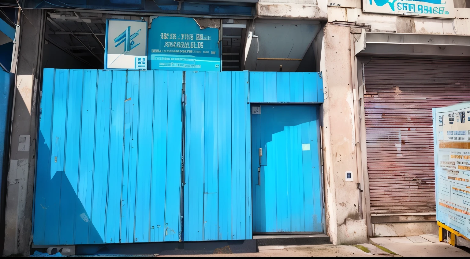 there is a blue door and a sign on the side of a building, discovered photo, signboards, shop front, storefront, shed, seen from outside, exploitable image, interesting shot, interesting composition, aesthetic shot, front side, high quality upload, iron cladding, shuttered mall store, high quality photo, very coherent image, candid shot