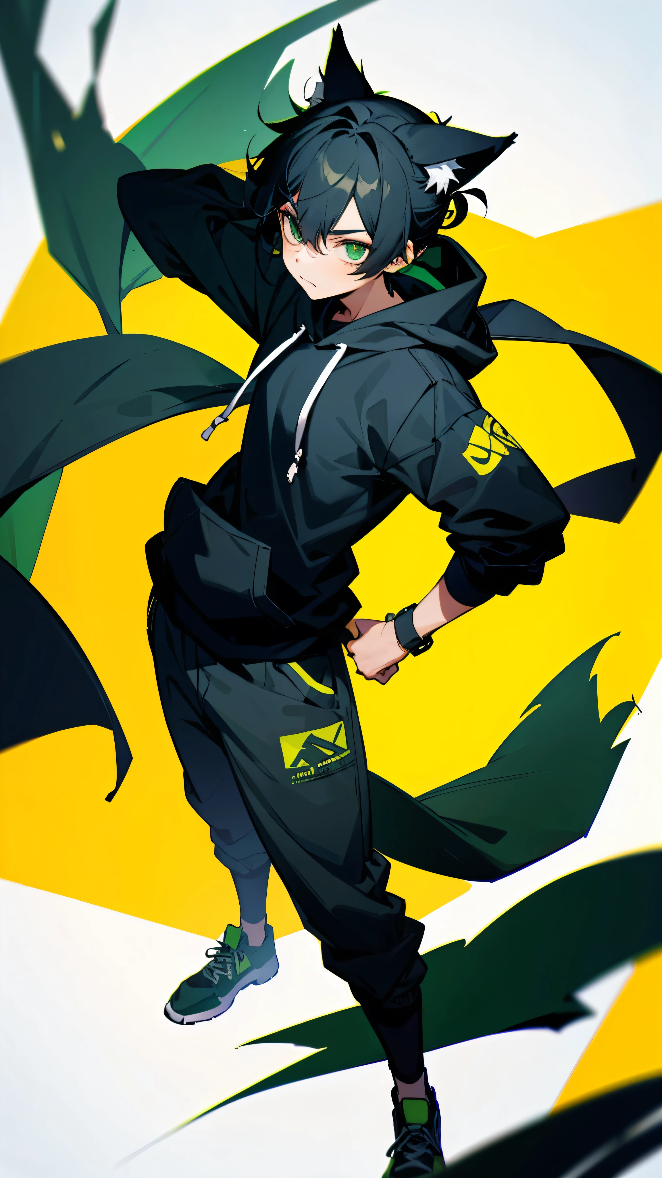 1Boy, black hair, green eyes, standing, fox ears, hair tied in a bun, standing, hoodie, teenager