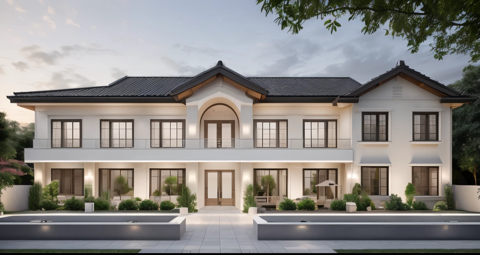 Exterior, house, luxury, modern style, reflective glass material, white wall paint, stone wall, wooden ceiling, in the city, crowded street, many cars, many people, many trees, Trees on the roof, sunrise, empty clouds, 8k, vray images