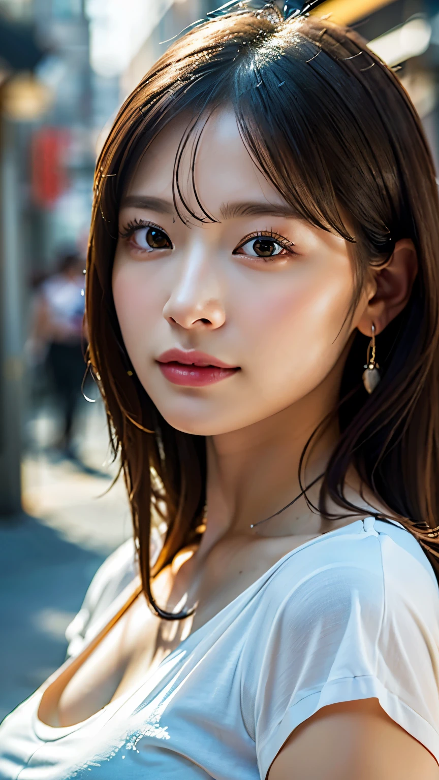 ((highest quality、masterpiece、8K、Realistic、Ultra-high resolution、Very delicate and beautiful、HDR、Cinematic Lighting))、Mid-shot、portrait、Perfect female body、Beautiful woman、Mature Woman、Contrapposto、Put your head in your hands、Gazing at the viewer、Cheerful、(Casual Fashion)