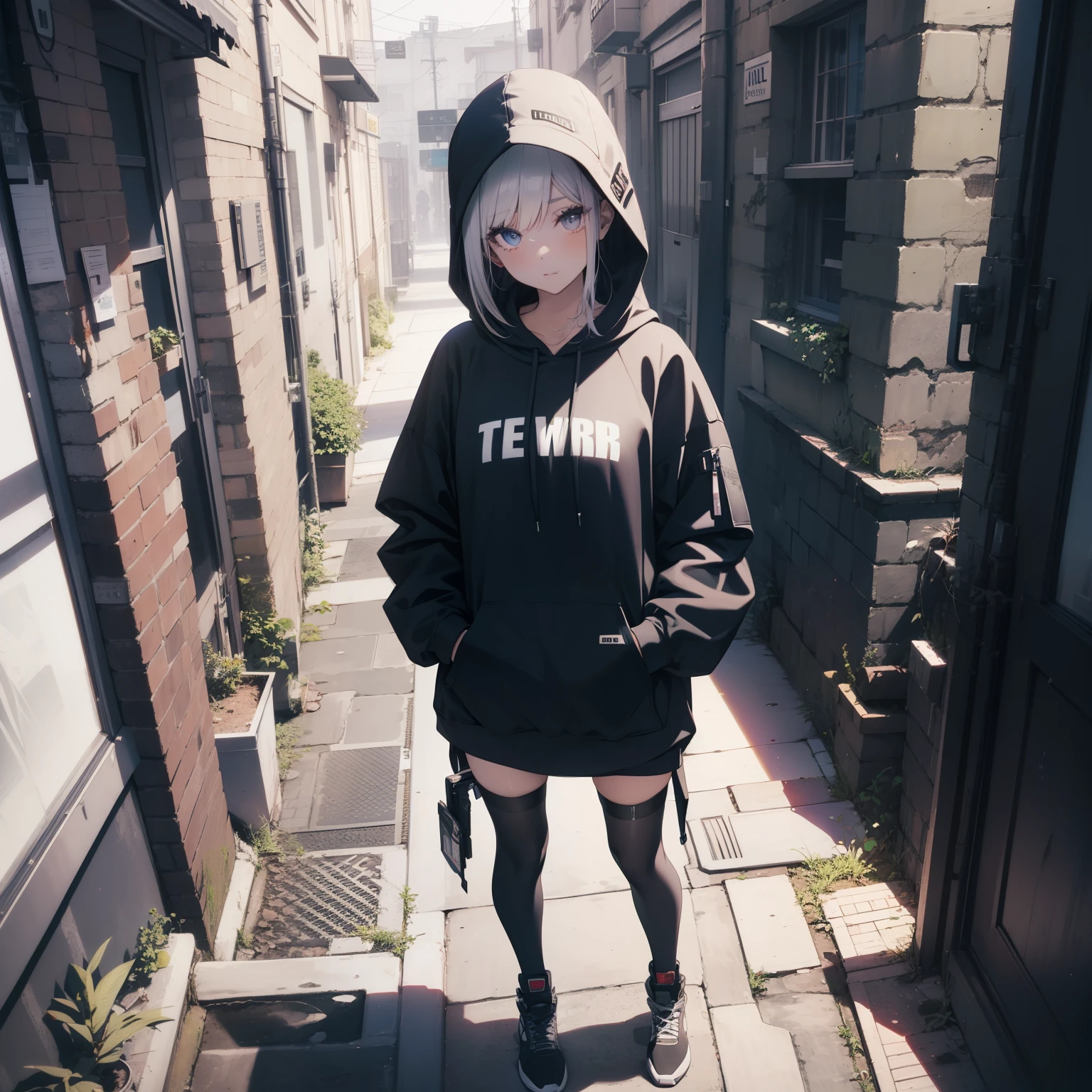 ((1Woman:1)),((standing-in-a-alleyway:1))((beautiful eyelashes:1)), ((expressive:1)), ((high-angle-view:1)),((wearing-techwear-hoodie:1)),((Cyberworld:1))