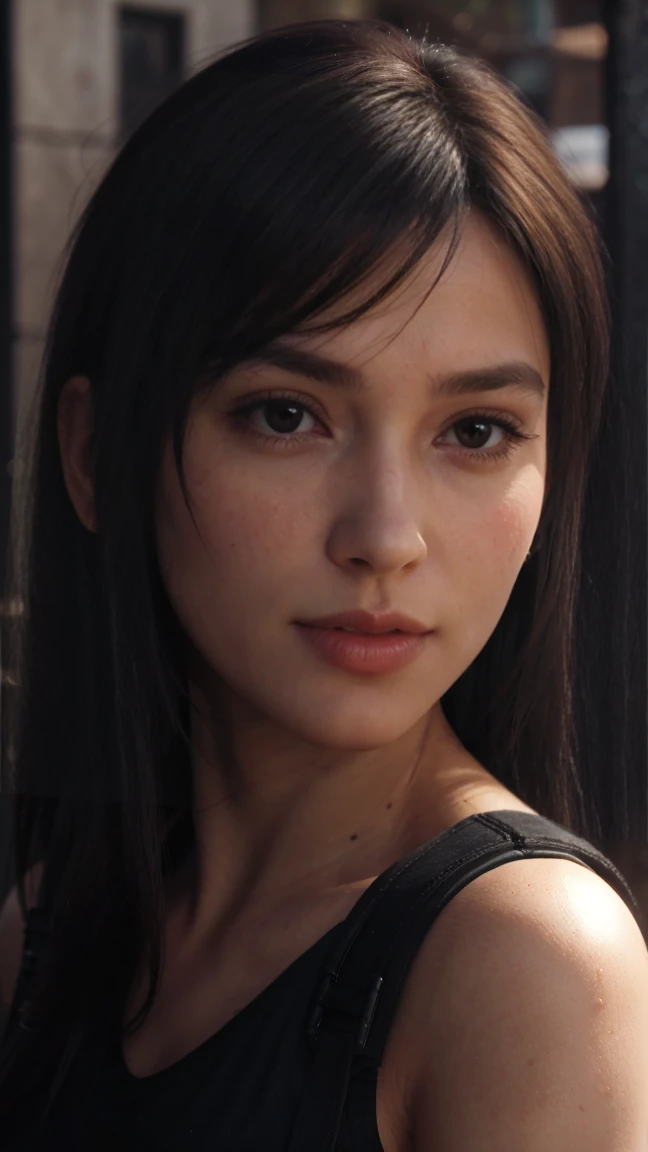 (Perfect lighting, Perspective parfaite, 8K RAW, cheveux noirs naturels,1fille, belle machoire, Very detailed, Realistic, 8K RAW,detailed face, cheveux noirs, 28 years old tifa lockhart, with long black hair, red large eyes, narrow face, wide mouth, curved brows, Tifa lockart hairstyle, Eye contact, cinematic lighting, vibrant colors, detailed skin texture, fully dressed, beautiful detailed perfect face, intricate sharp details, ultra high res, hot summer, sweat, acne, moles, spots, very happy, morning, sourire timide, cinematic lighting, vibrant colors, detailed skin texture, beautiful detailed perfect face, intricate sharp details, ultra high res, morning, delicate fingers, beautiful detailed red eyes, Facial light, nombril, High exposure, holding a small coffee cup, Final Fantasy 7 bar, ftifa, (photorealistic: 1.4)