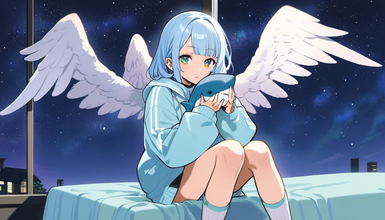 One Girl, by yoneyama mai, odor, Habitat Questions, wave hands, Heterochromatic pupil, Beautiful Eyes(green, (Sitting in the clouds), Great quality, Push down, , Over the knee socks,Angel Wings, alone, Light blue hair, Winged Bangs, Soft Hair, Shortcuts, Provocative, subculture, Light blue jersey(Jacket only, white), Light blue jerseyハーフパンツ(5 minutes long, Big Size), Light blue neighborhood, Angel Neighborhood, Beautiful starry sky, Night Sky, Cute room(white, whiteのカーテン,Light blue bed, Light blue curtains), Beautiful colors, (Great quality:1.5), masterpiece, Page 1, greenい鳥、Hug a stuffed animal(Only the baby shark is deformed)