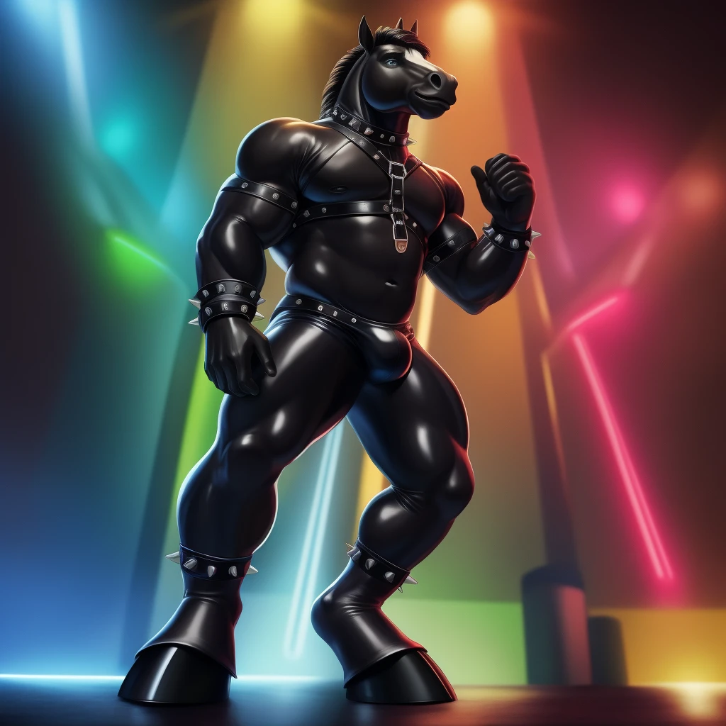 Furry, Antro, [Horse color Marron claro] , Horse Tail,  [Bulto Male Big], black leather harness, Arnes de Cuero negro, slip latex Black, Slip de Latex Negro, Correas de cuero negro, cuero negro, Unifome Arnes, Solo, (De Pie), [Bulto Male Big], Hooves , Detallado 4k, (Cuerpo completo), (Pose De Pie), cuerpo furry Marron claro, fondo de Discoteca con Luces de Neon Multicolor , pupil Eyes blue, Alta resolucion, iluminacion multicolor, hermoso, Bulto Male Balls, collar correa con pinchos, Arnes megro, spiked wristbands, nude Torso, Torso expuesto Peludo Marron