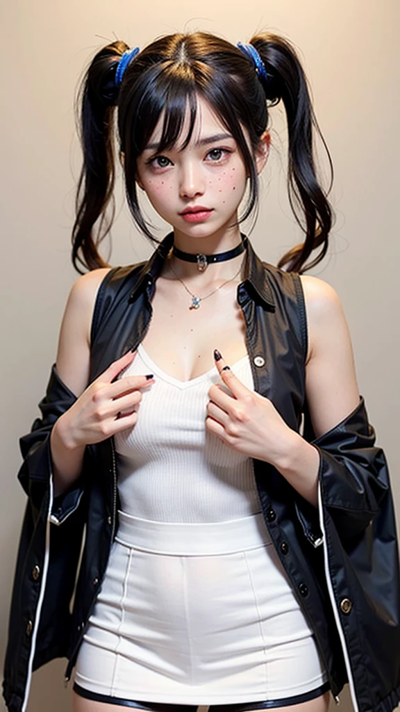 masterpiece, ultra detailed, hyper detailed, insanely detailed, detailed, high quality, best quality, exquisite, beautiful, woman, shy, wink, making a V sign, looking at viewer, black hair, big eyes, slant eyes, wide-eyed, heterochromia, with heart-shaped pupils, wheatish skin, skirt, choker, with a tattoo, piercing, beauty mark, freckles, blush, nail polish, long hair, twintail, very long hair, long hair, twintails, spiked hair, flipped hair, ahoge, shiny hair, wavy hair