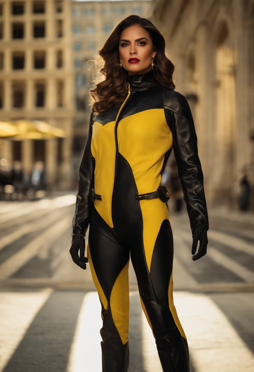 Superhero woman in black and yellow suit dedicated to chemistry, con rasgos latinos 