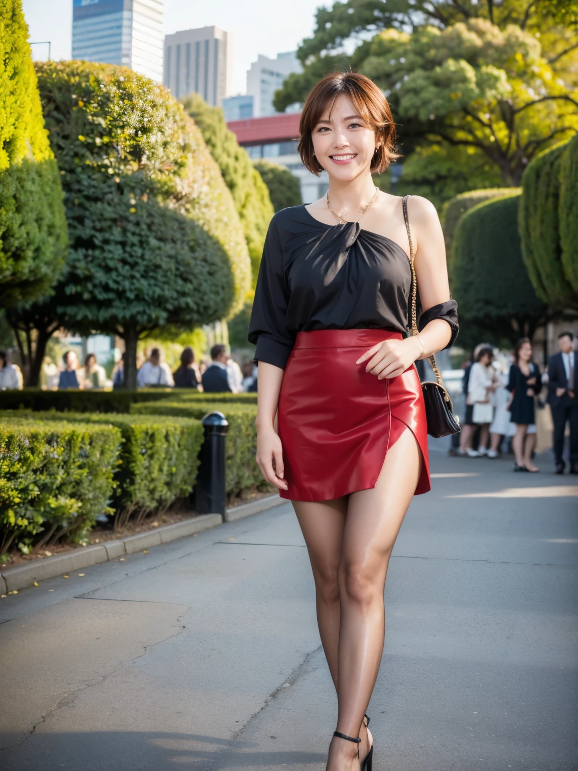 (RAW Photos:1.2), (Realistic:1.4),Beautiful detailed woman,非常にBeautiful Eyesと顔, Beautiful Eyes, Very detailed,High resolution, Very detailed,highest quality,Consciousness upward,Unified,8k wallpaper,masterpiece,highest quality,1 female,alone,rich,Whole Body Ezbian,(A little chubby:0.7),Thick legs,alone,(suit:1.4),(Knee-length tight skirt:1.4)、(pantyhose:1.4)、(High heels:1.5)、(have a business bag:1.4),jewelry, necklace ,short hair,A kind smile,A dignified atmosphere,black eye,Realistic,Hibiya Park , (Morning Park:1.1),(Stand upright:1.4),(go to work:1.2)