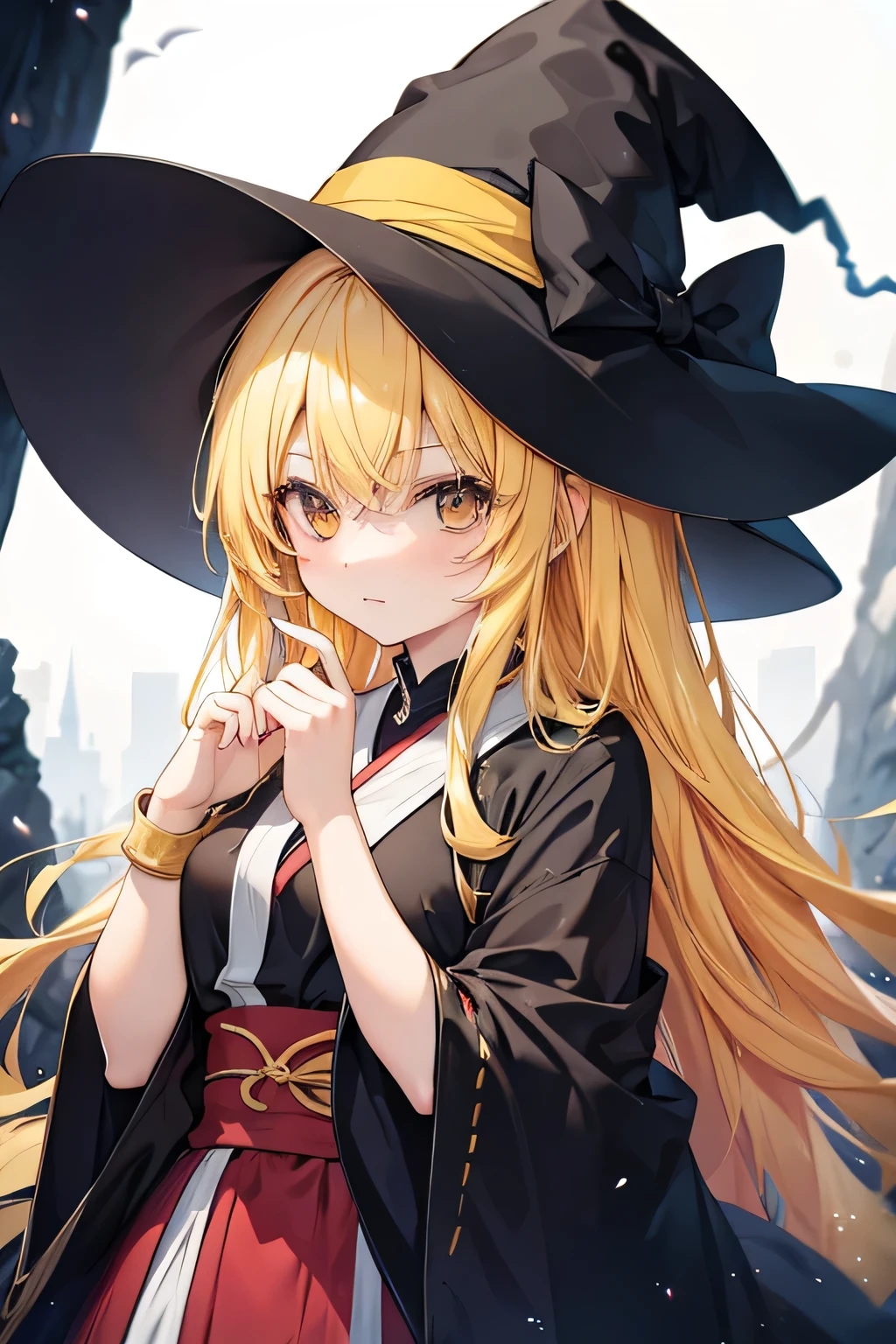 kourindou marisa,Girl with yellow hair,Wearing a wizard&#39;s outfit,In a white space,The whole body is visible