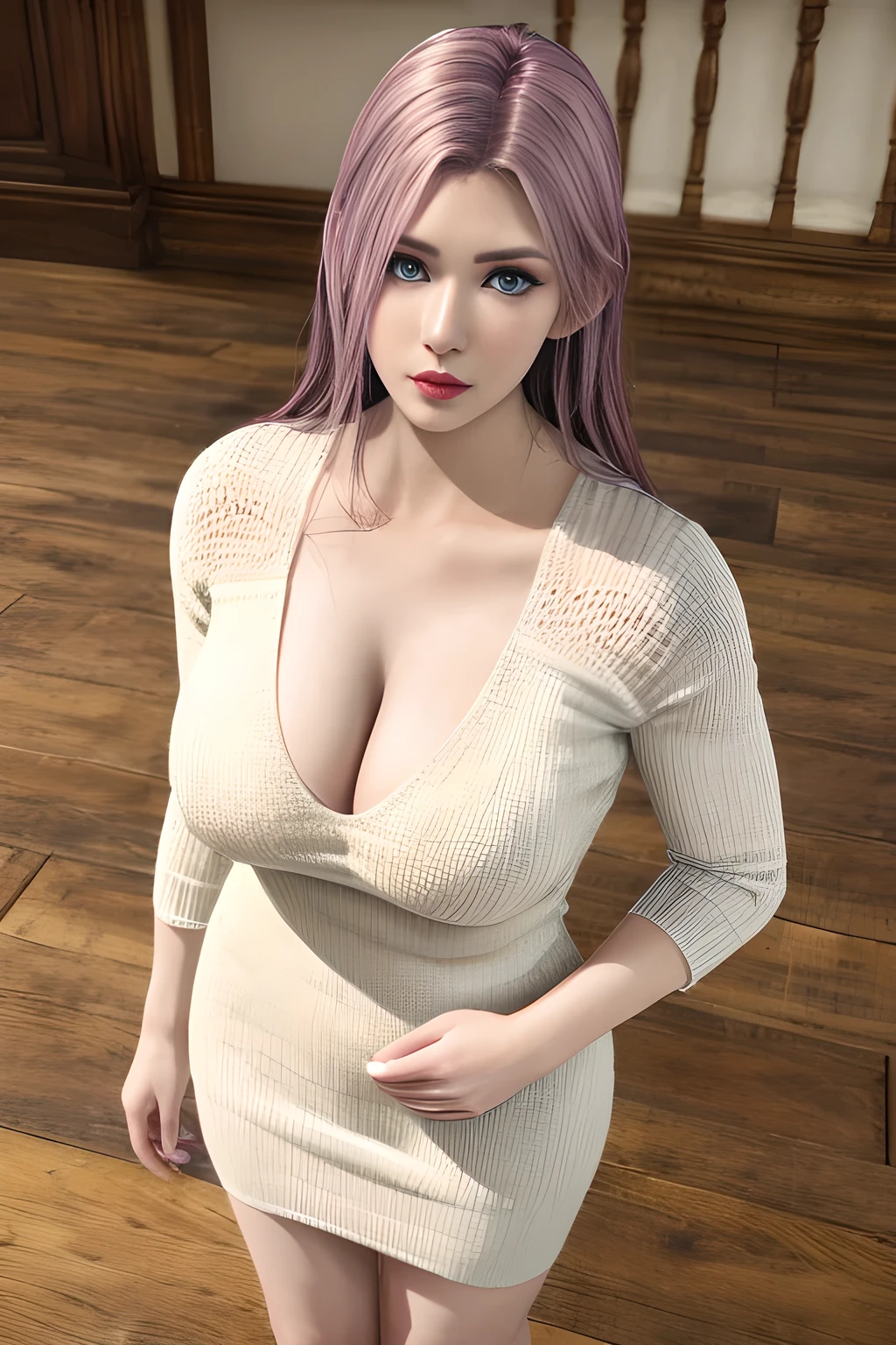 1girl, white knit dress, appealing cleavage, overhead view, beautiful detailed eyes, beautiful detailed lips, extremely detailed eyes and face, long eyelashes, elegant hair, feminine charm, detailed texture, snug fit, fashionable, soft fabric, radiant skin, (best quality,4k,8k,highres,masterpiece:1.2), ultra-detailed, (realistic,photorealistic,photo-realistic:1.37), full body,elise,