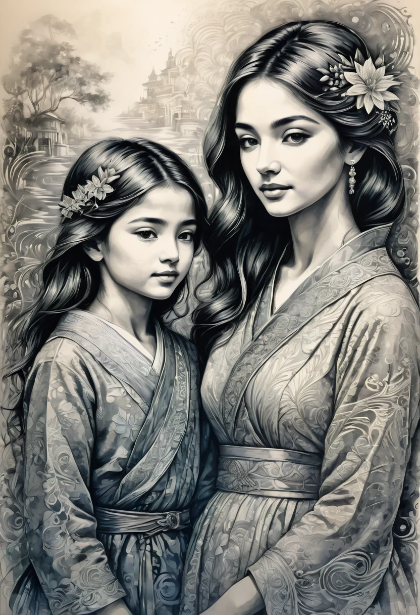 mother and daughter, Monotype Artwork, best quality, masterpiece, very aesthetic, perfect composition, intricate details, ultra-detailed