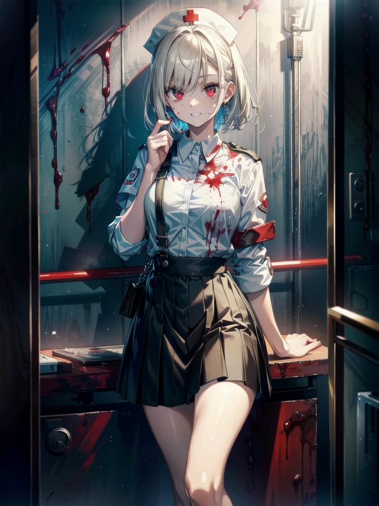 ((Blood droplets)), ((blood)), ((blood splatter)), ((blood on clothes)), ((blood stain)), hospital, nurse uniform, (have a knife), (zombie), absurdres, RAW photo, extremely delicate and beautiful, masterpiece, Best Quality, ultra high resolution, 32k, hyperrealistic, ultra-detailed, detailed description, pale skin, 20 years old, tearful mole, earring, Colossal tits, short medium hair, wavy hair, evil grin, full body shot,