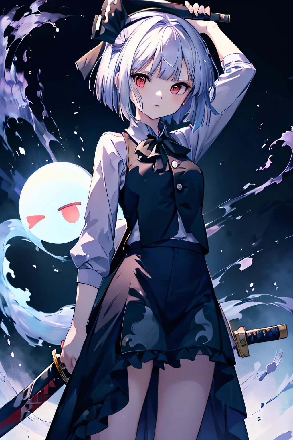 konpaku youmu (ghost),Girl with white hair,Wearing clothes with a lot of exposed skin,Holding a sword,Standing in a white space,The whole body is visible