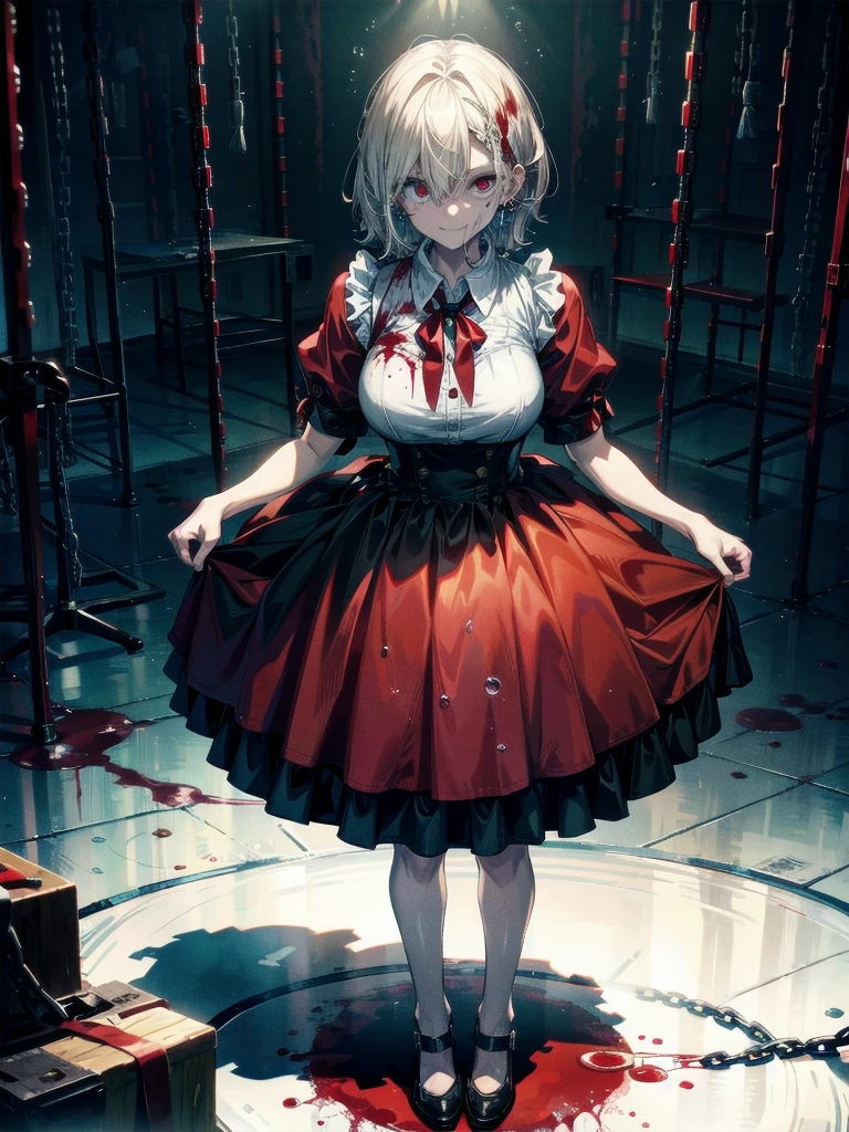 ((Blood droplets)), ((blood)), ((blood splatter)), ((blood on clothes)), ((blood stain)), hospital, nurse uniform, (have a chain saw), (zombie), absurdres, RAW photo, extremely delicate and beautiful, masterpiece, Best Quality, ultra high resolution, 32k, hyperrealistic, ultra-detailed, detailed description, pale skin, 20 years old, tearful mole, earring, Colossal tits, short medium hair, wavy hair, evil grin, full body shot,