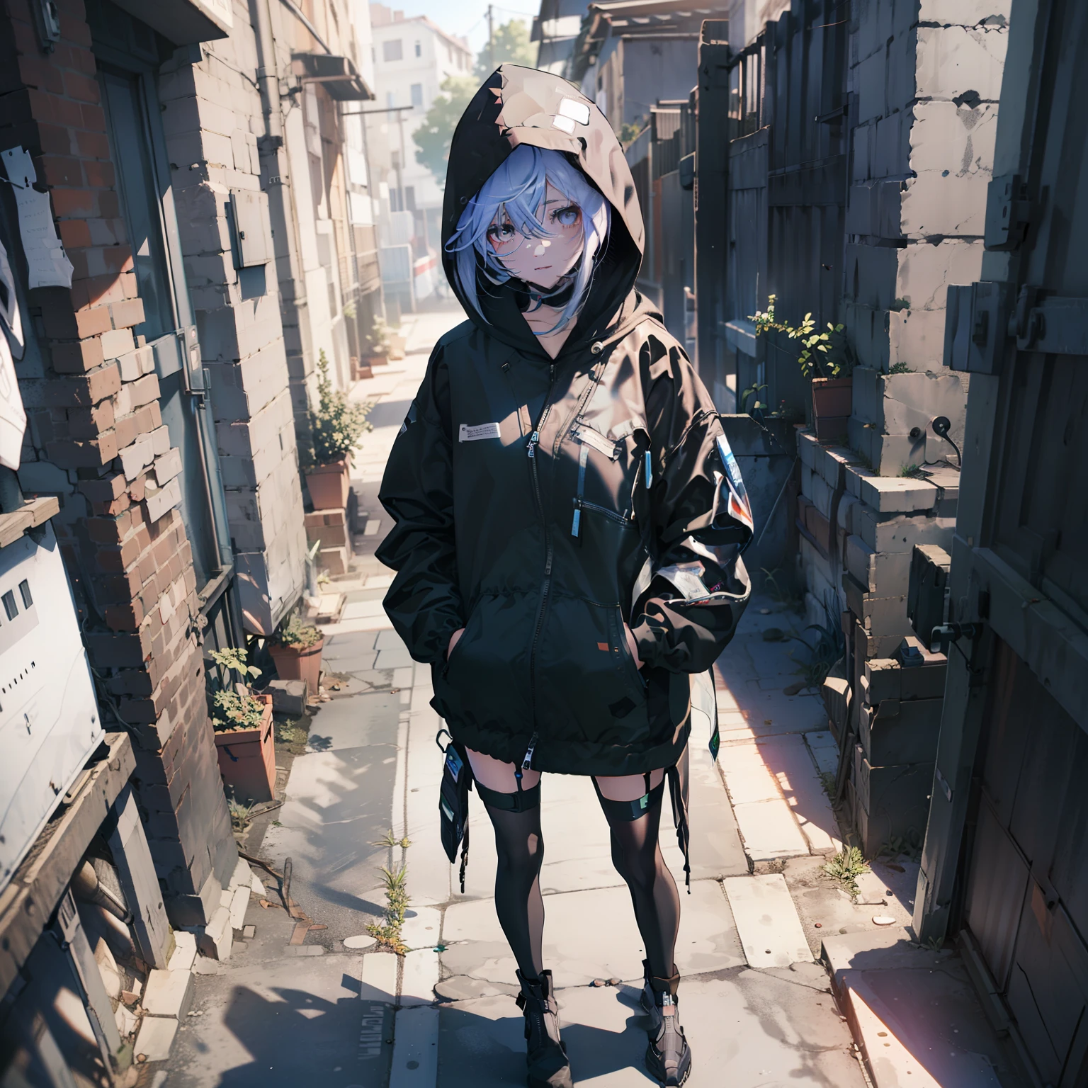 ((1Woman:1)),((standing-in-a-alleyway:1))((beautiful eyelashes:1)), ((expressive:1)), ((high-angle-view:1)),((wearing-techwear-hoodie:1)),((Cyberworld:1))